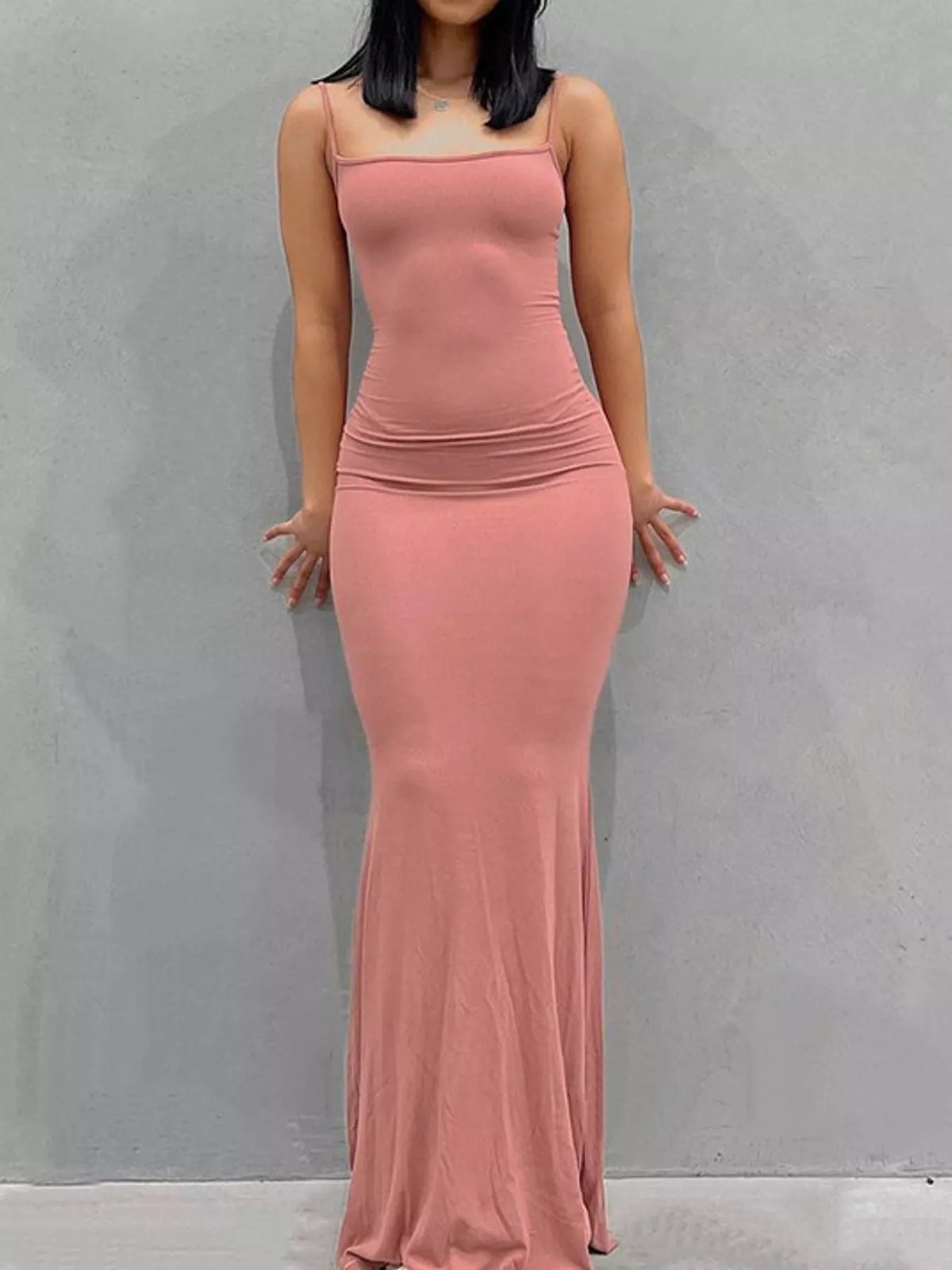 Square neck spaghetti-strap maxi dress, front view on model