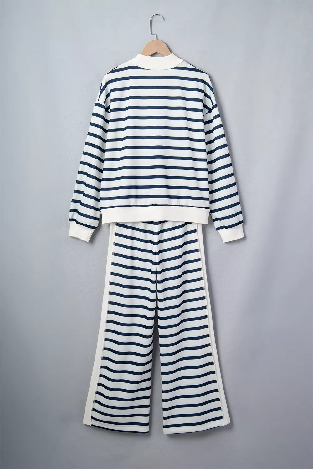 Women's Striped Long Sleeve Top and Wide-Leg Pants Set in White, alternate front view
