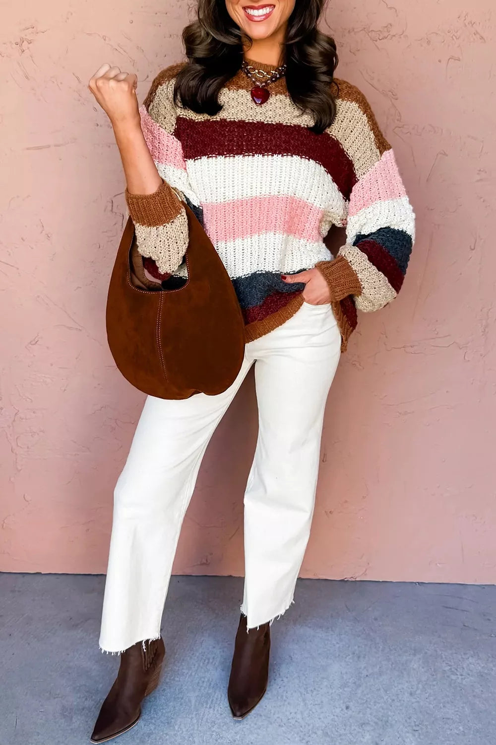 Trendsi Striped Knit Dropped Shoulder Round Neck Sweater -