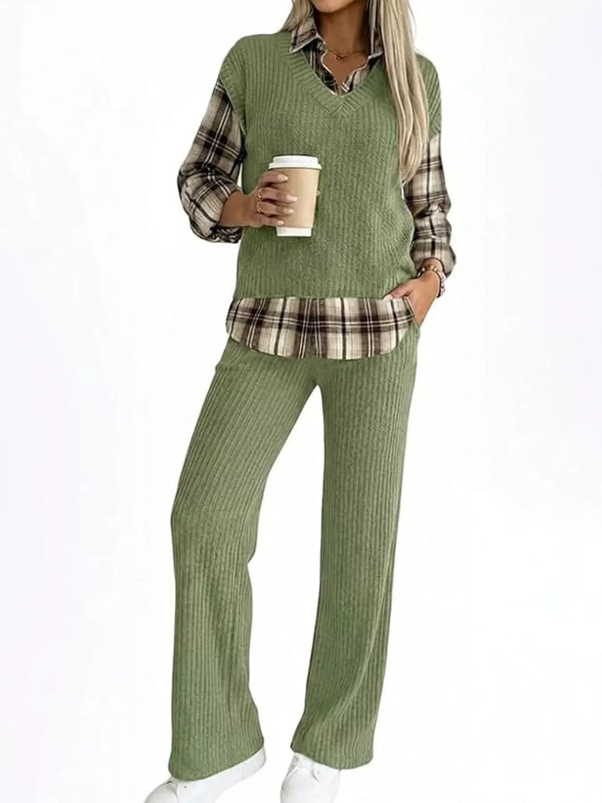 Trendsi Ribbed Knit Plaid Sleeve Top & Pants Set -