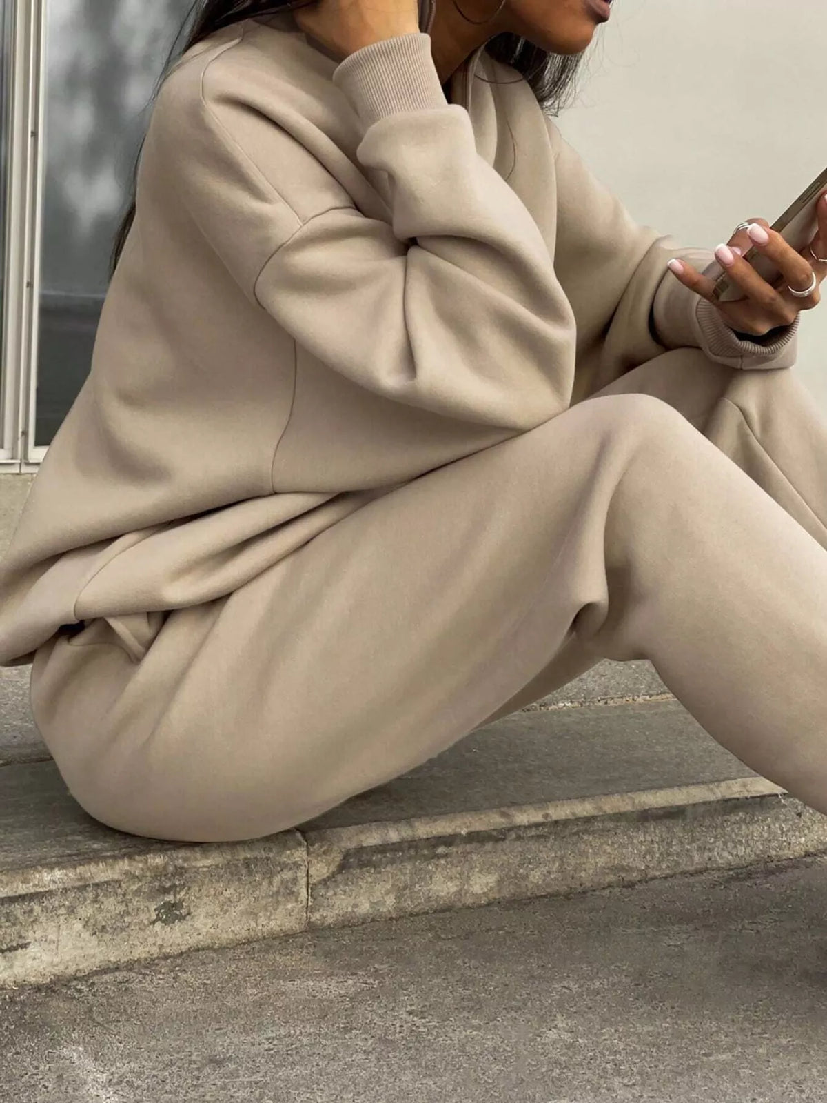 Half-zip top and pants set, beige seated side