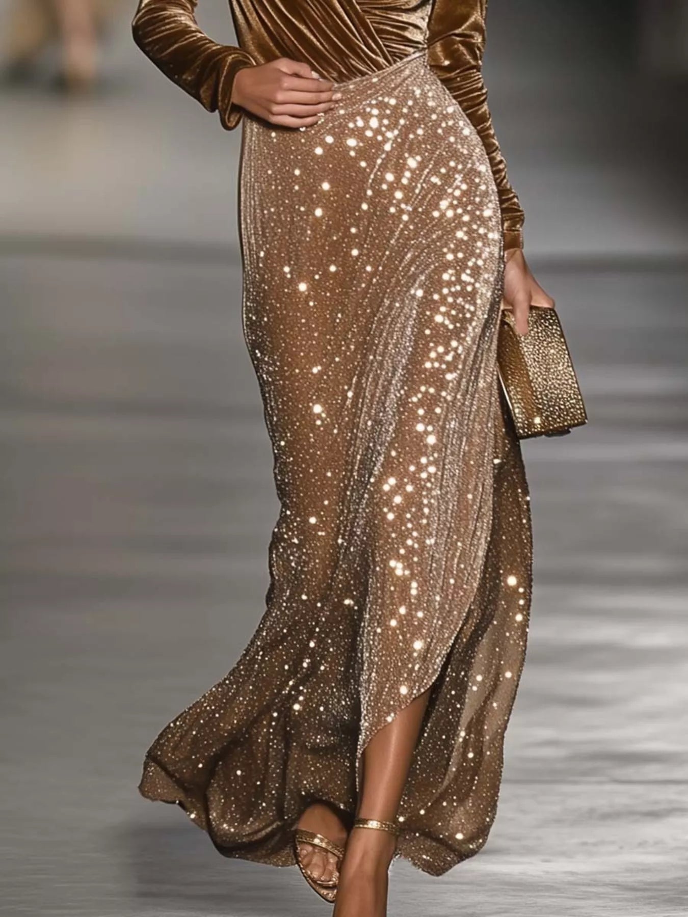 Trendsi Velvet Long Sleeve Top and Sequin Skirt Set -