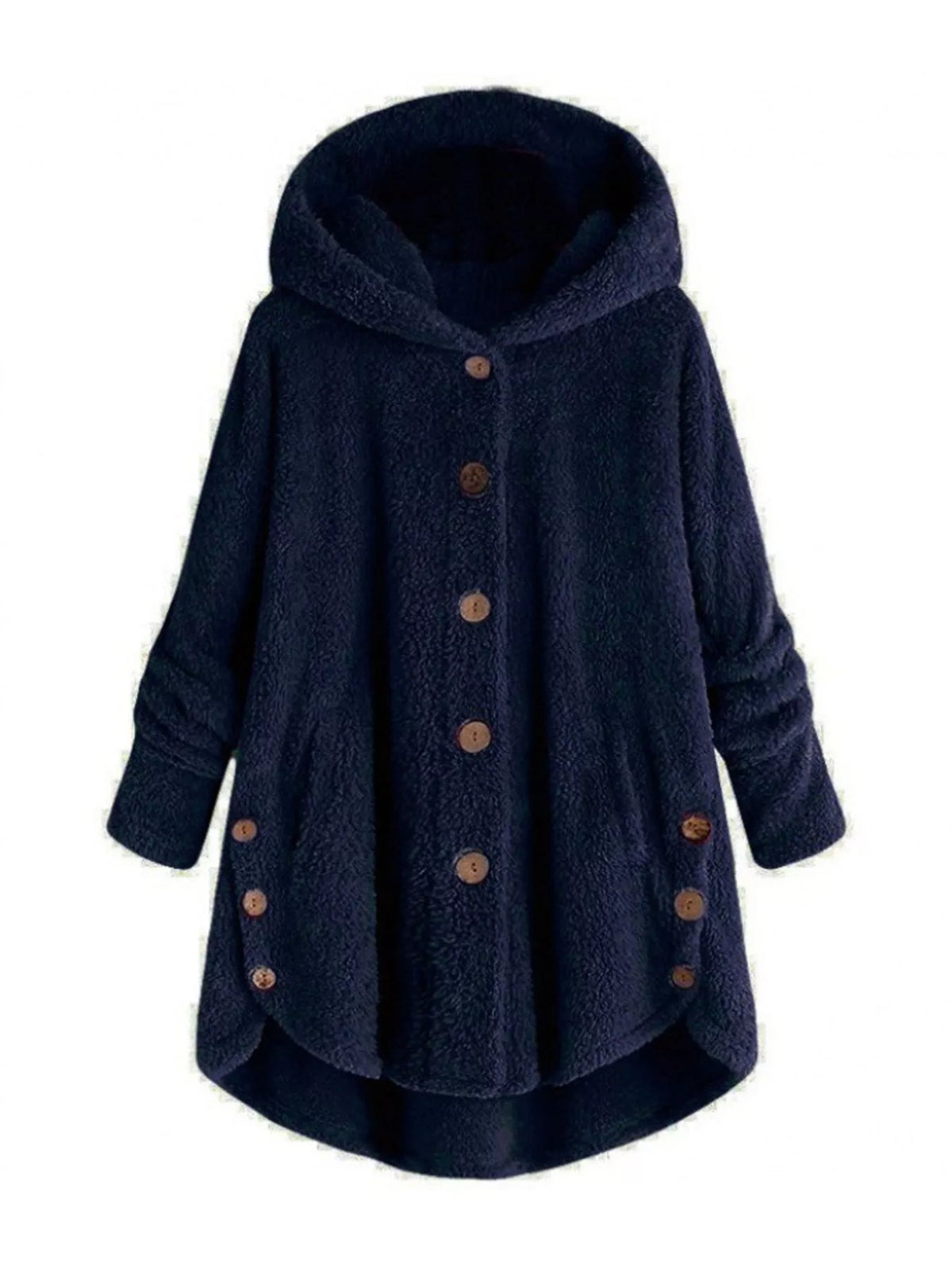 Navy fleece button-up hooded jacket with curved high-low hem