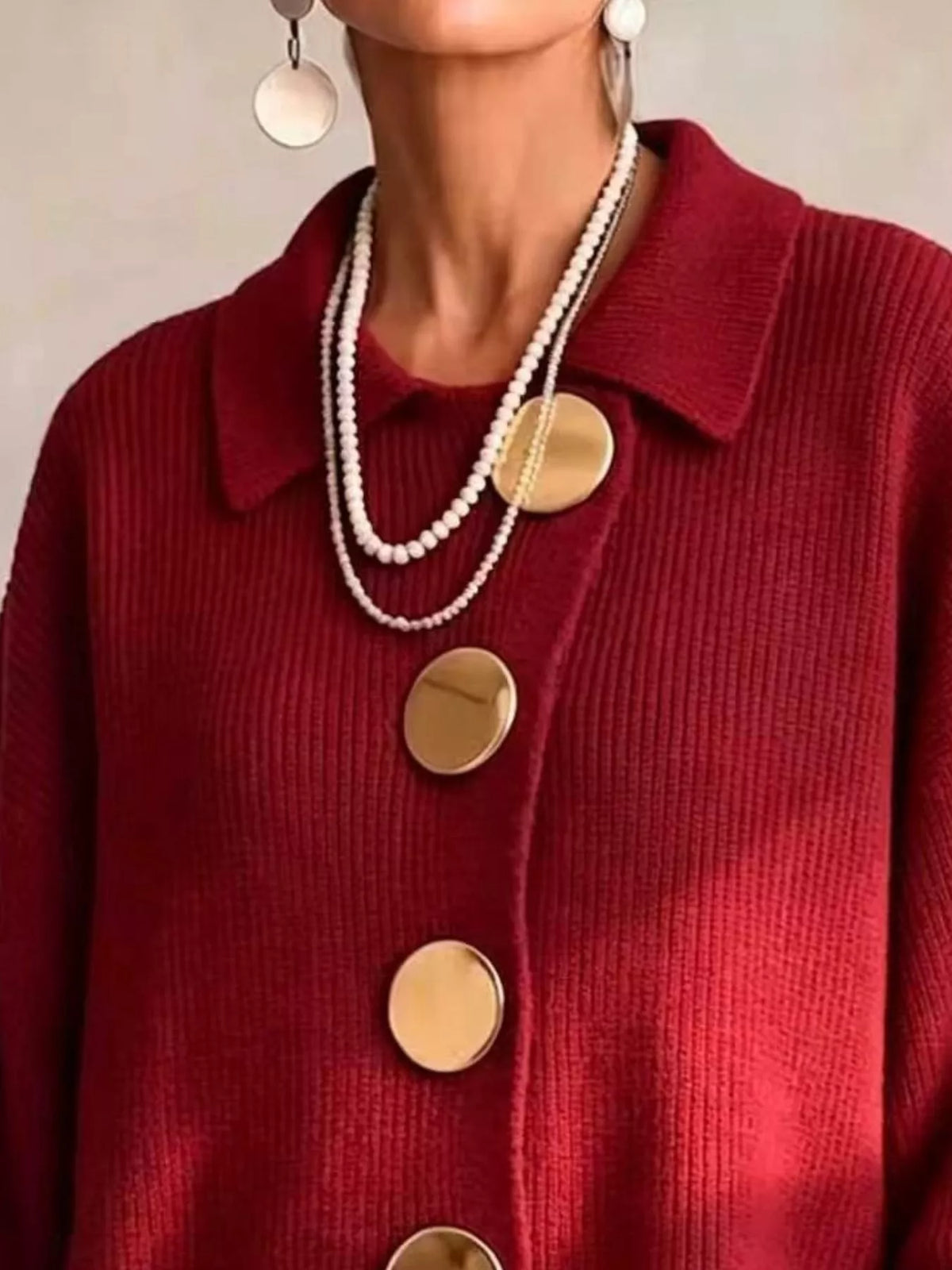 Women's Ribbed Knit Gold Buttons Cardigan in red — collar detail view