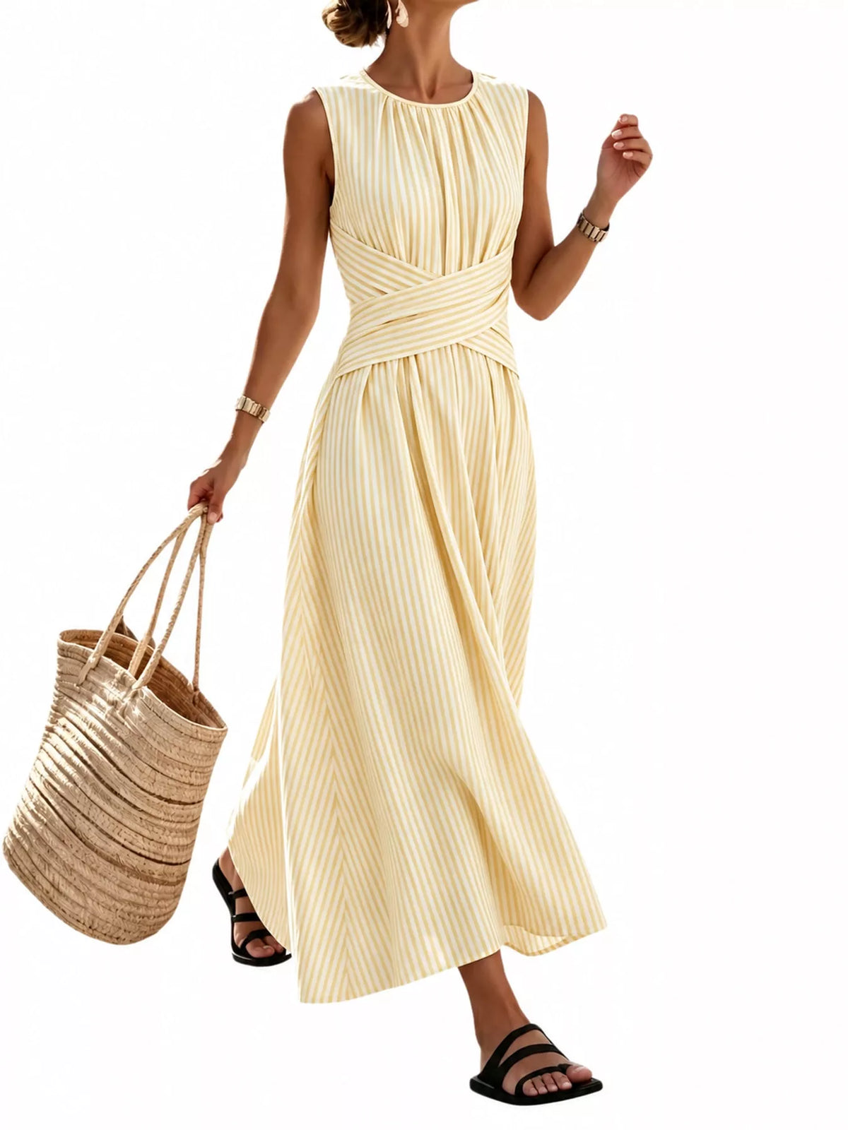 Women's Sleeveless Striped Maxi Dress with Criss-Cross Waist Detail in yellow striped — front view