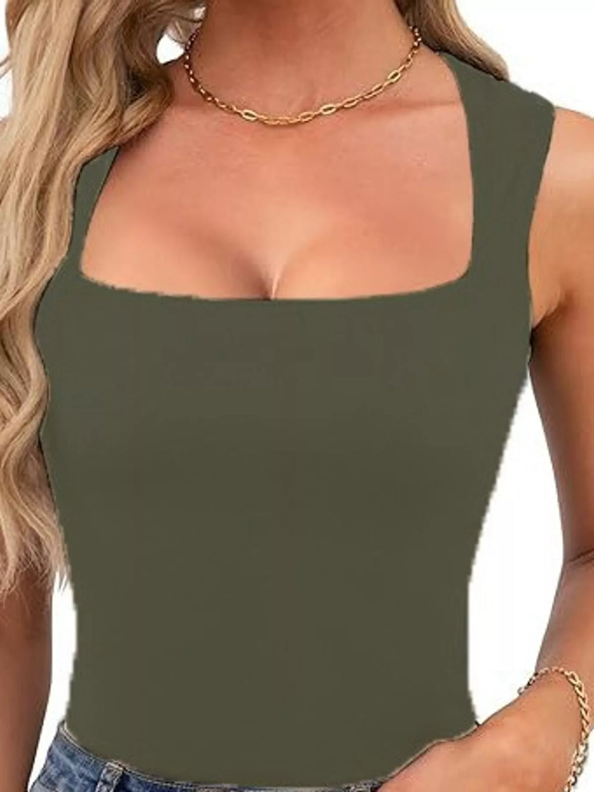 Olive green square-neck tank, front view