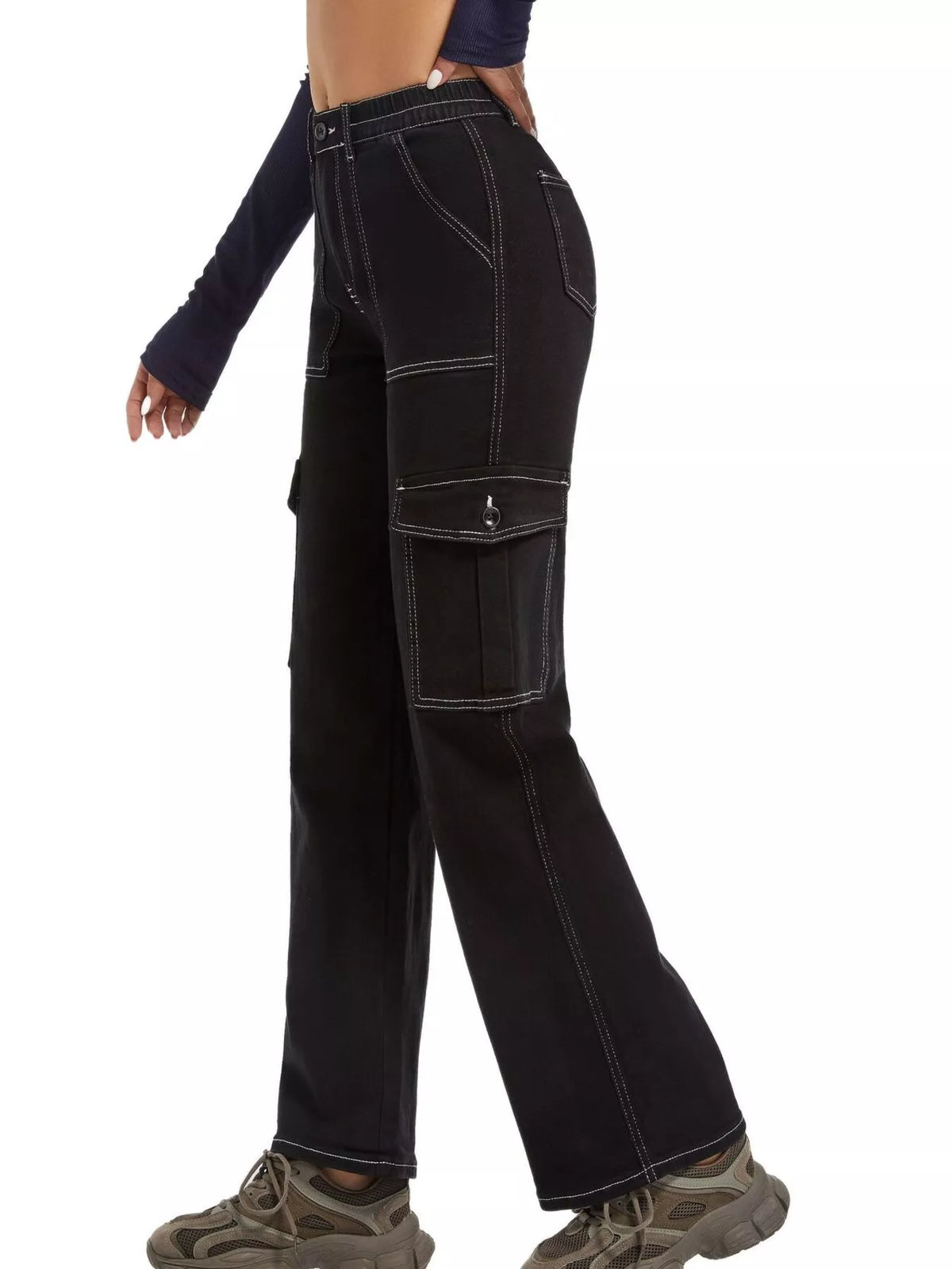 Black wide-leg cargo jeans, side view