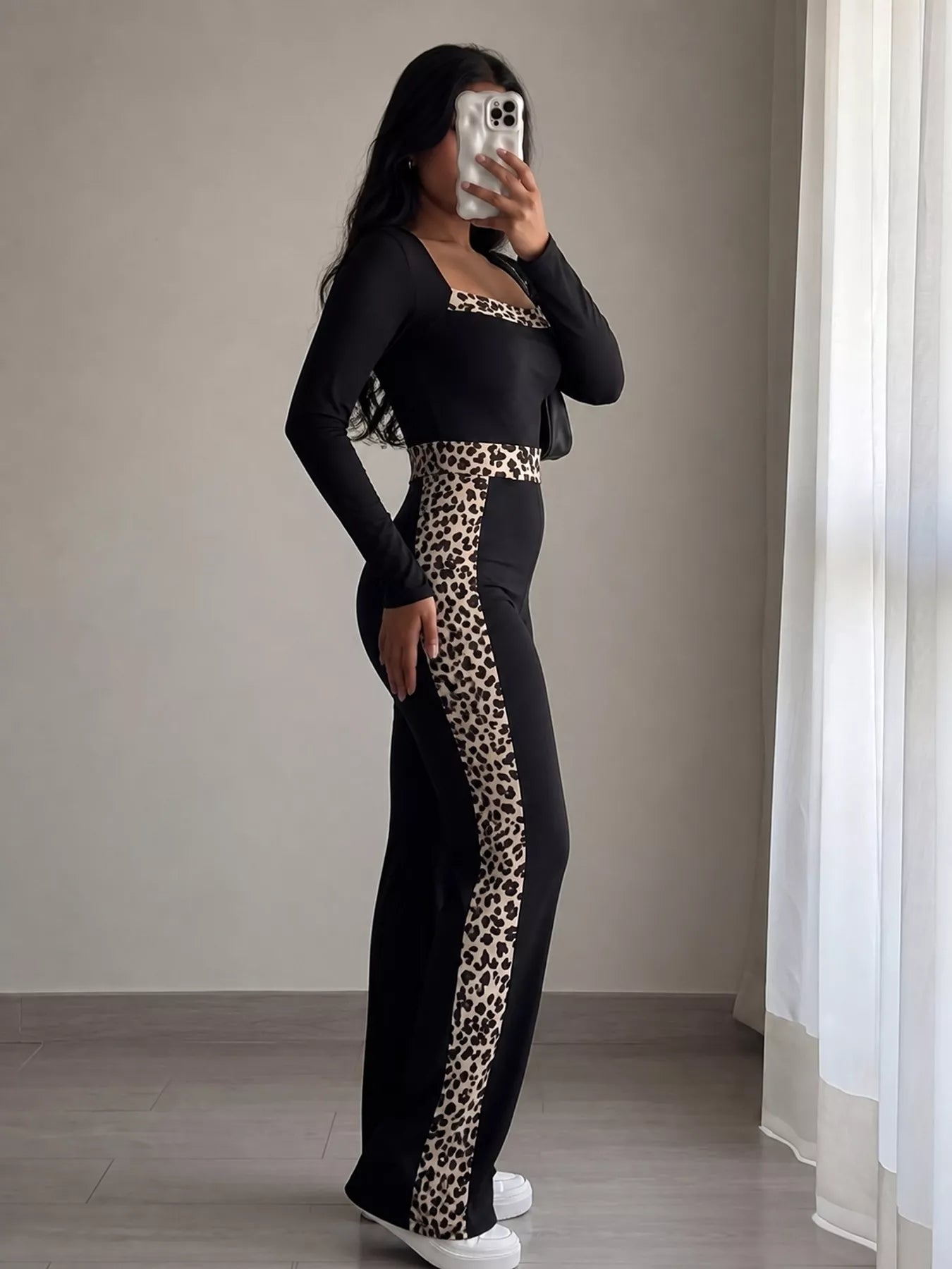 Trendsi Leopard Trim Long Sleeve Jumpsuit -