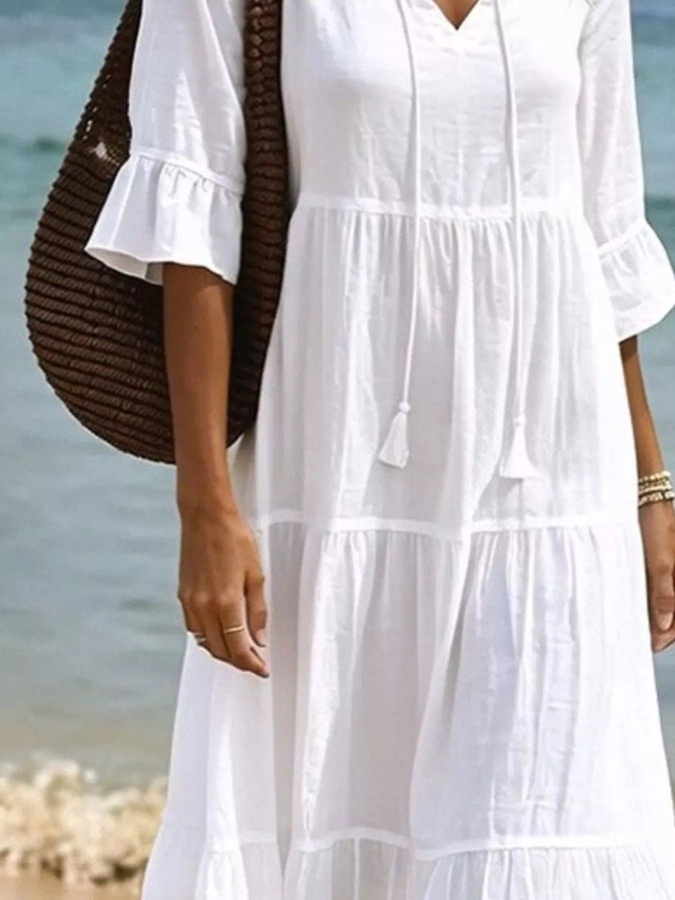 Trendsi Full Size Tiered Tie Neck Flounce Sleeve Dress Plus Size -