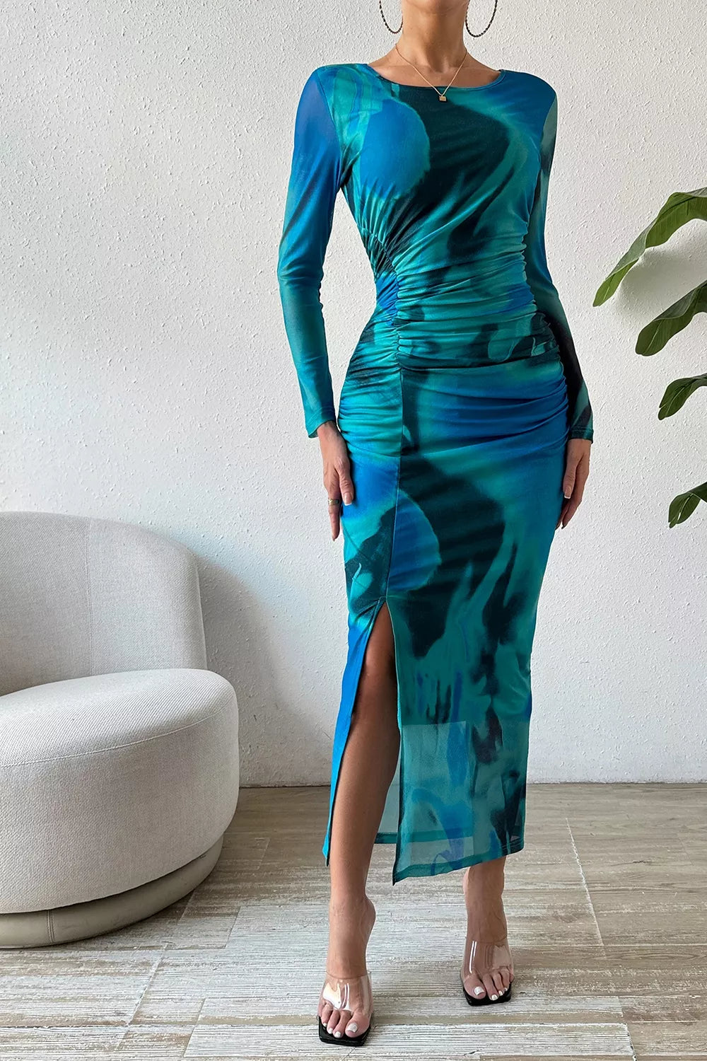 Trendsi Ruched Tie-Dye Midi Dress with High Slit -
