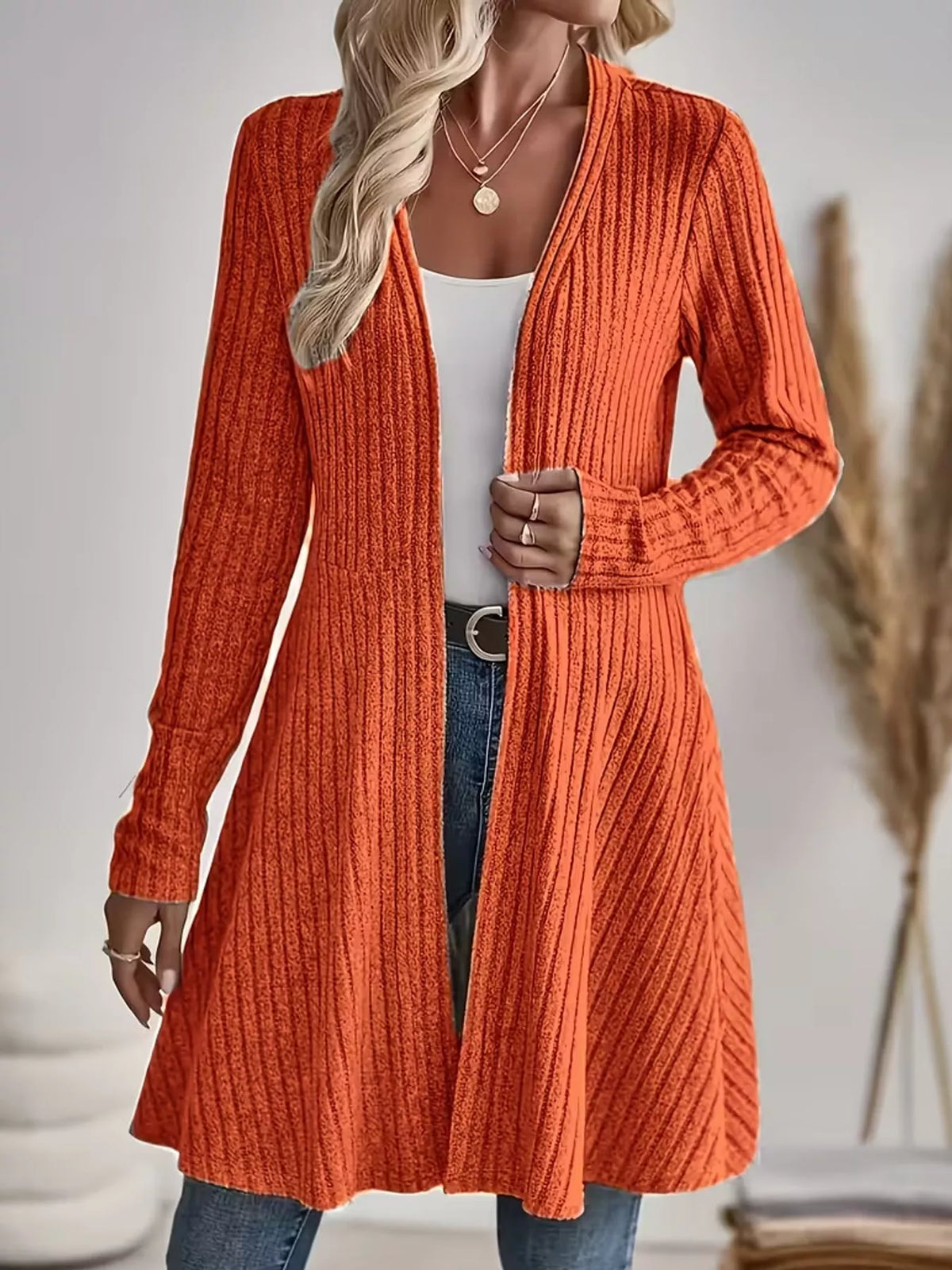 Coral ribbed knit open front cardigan