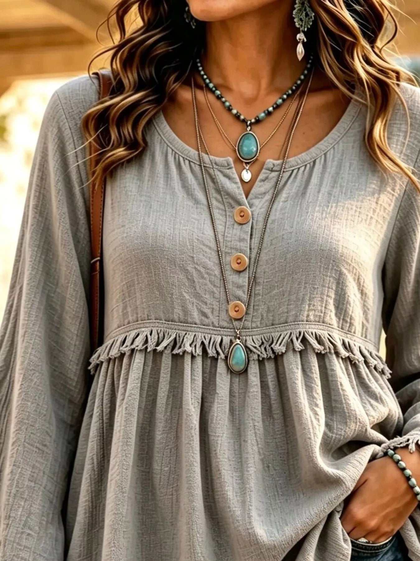 Trendsi Button-Down Detail Fringed Hem Blouse -
