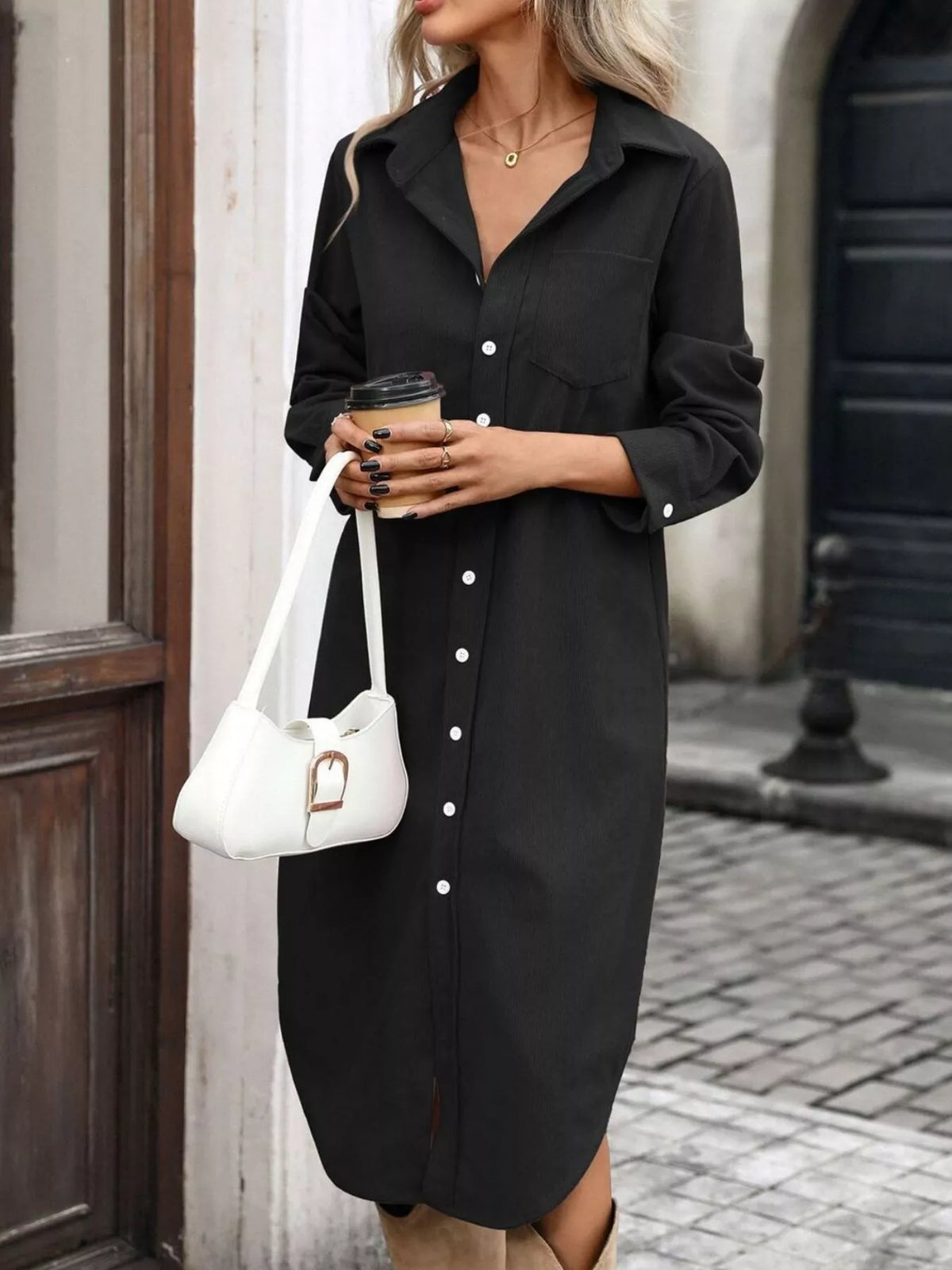Trendsi Corduroy Shirt Dress with Button-Down Front -