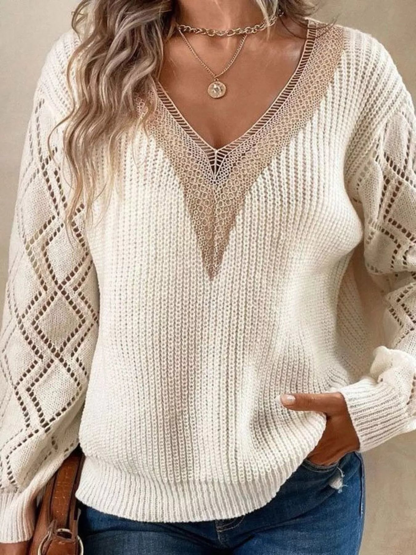 Trendsi Openwork V-Neck Sweater -