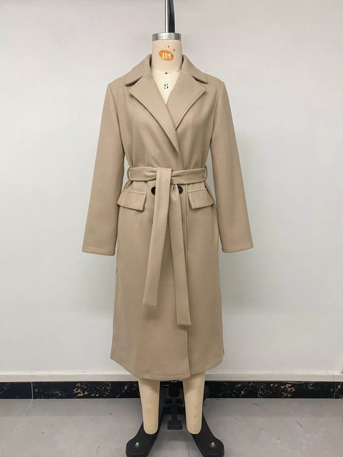 Double-breasted lapel collar longline coat
