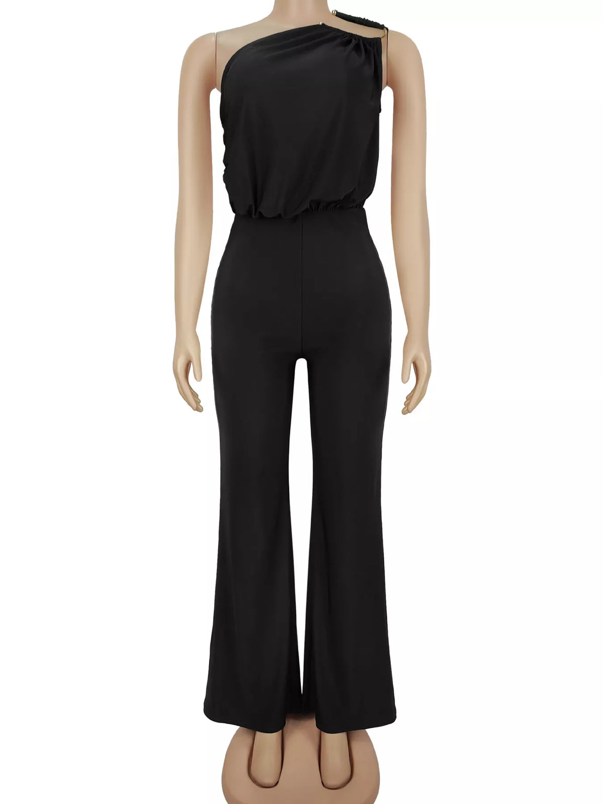 Black one-shoulder wide-leg jumpsuit, front on mannequin.
