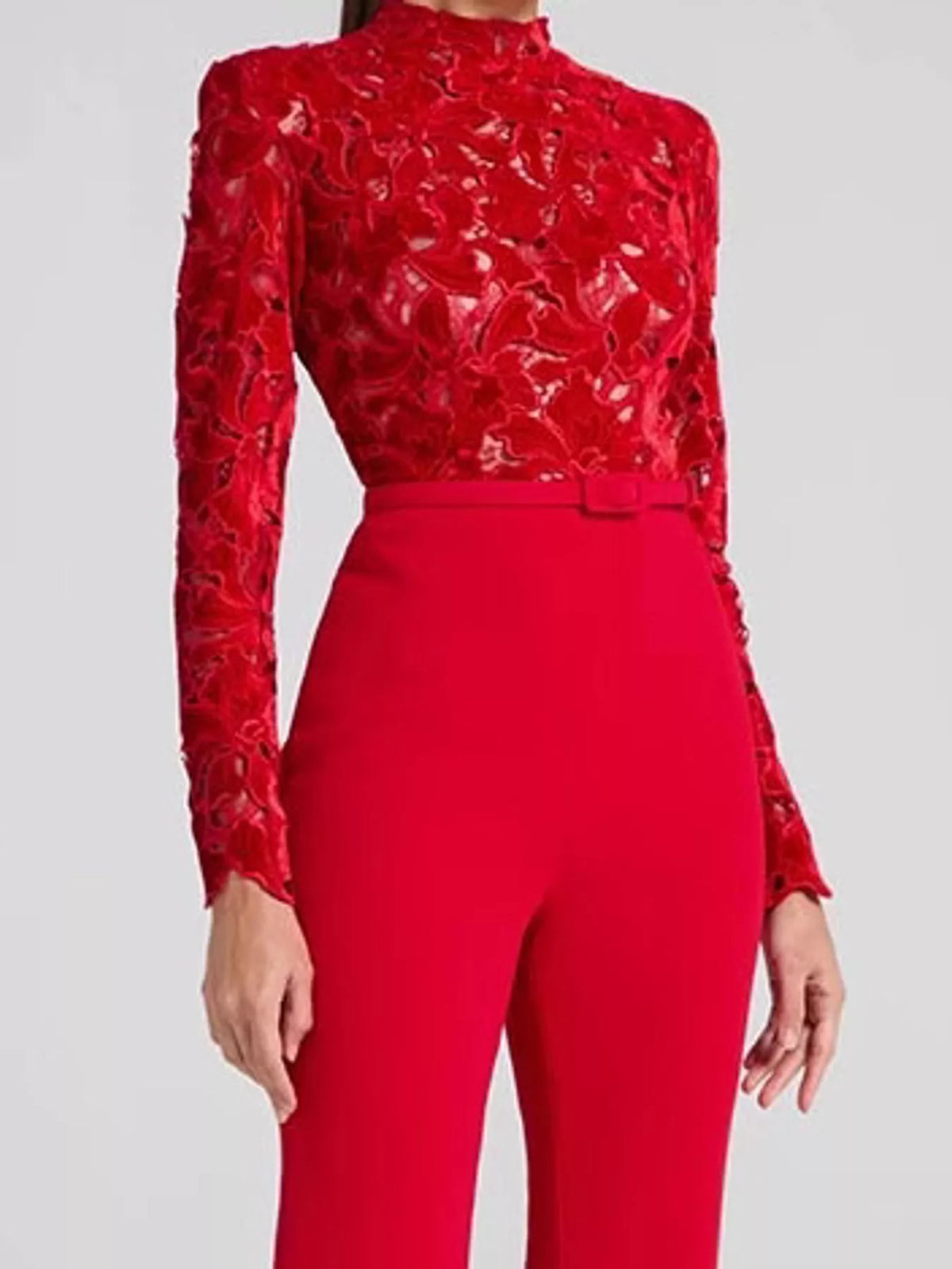Lace Long-Sleeve Flare Jumpsuit — construction details