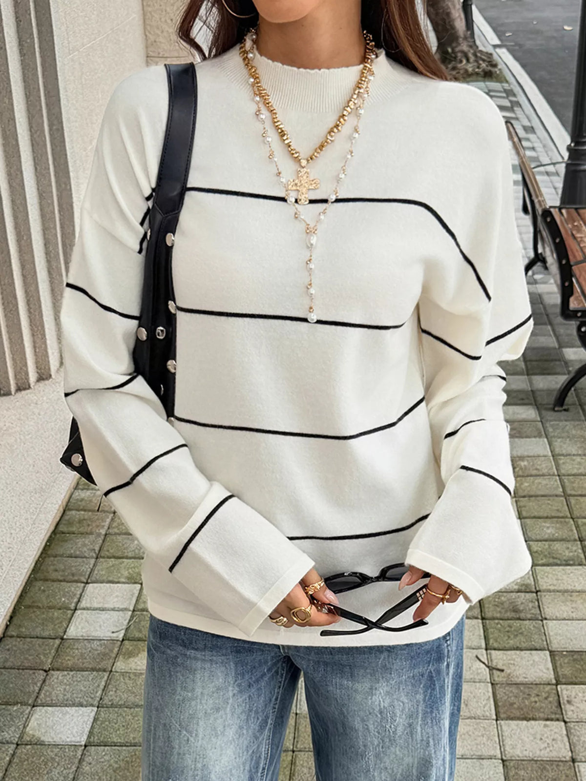 Striped mock neck sweater