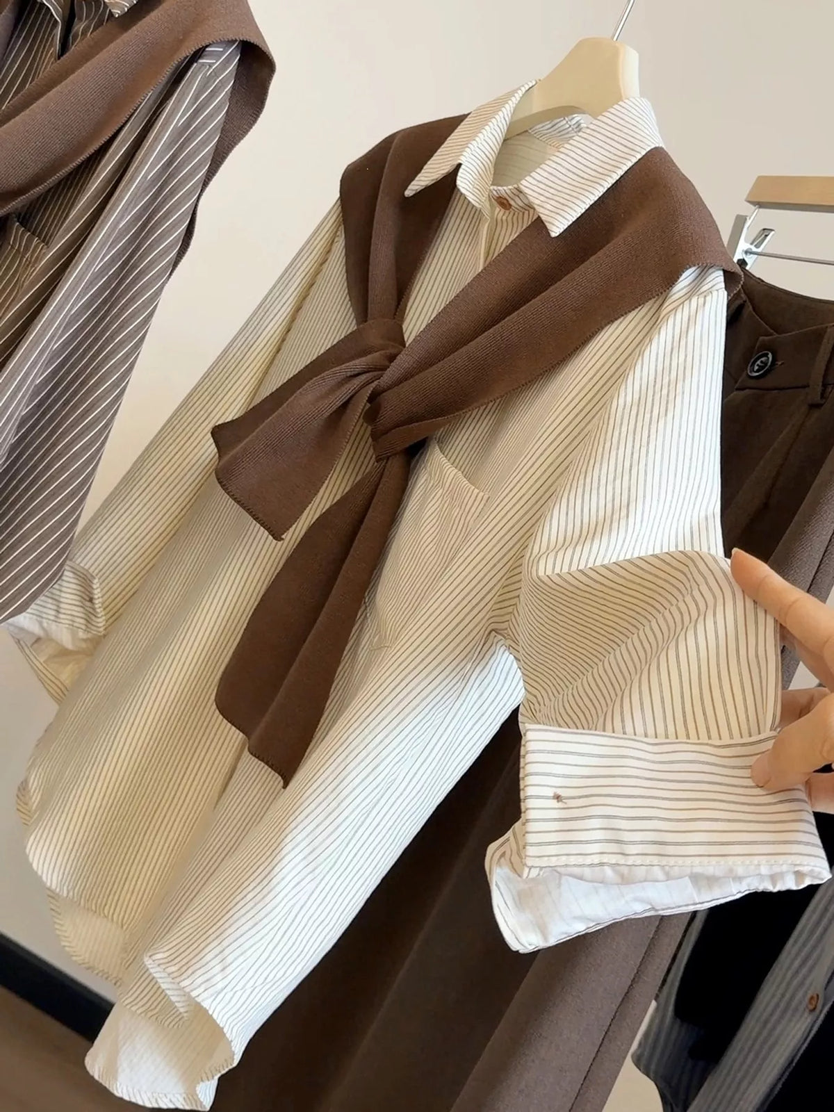 Striped High-Low Shirt with Knit Shawl — garment front