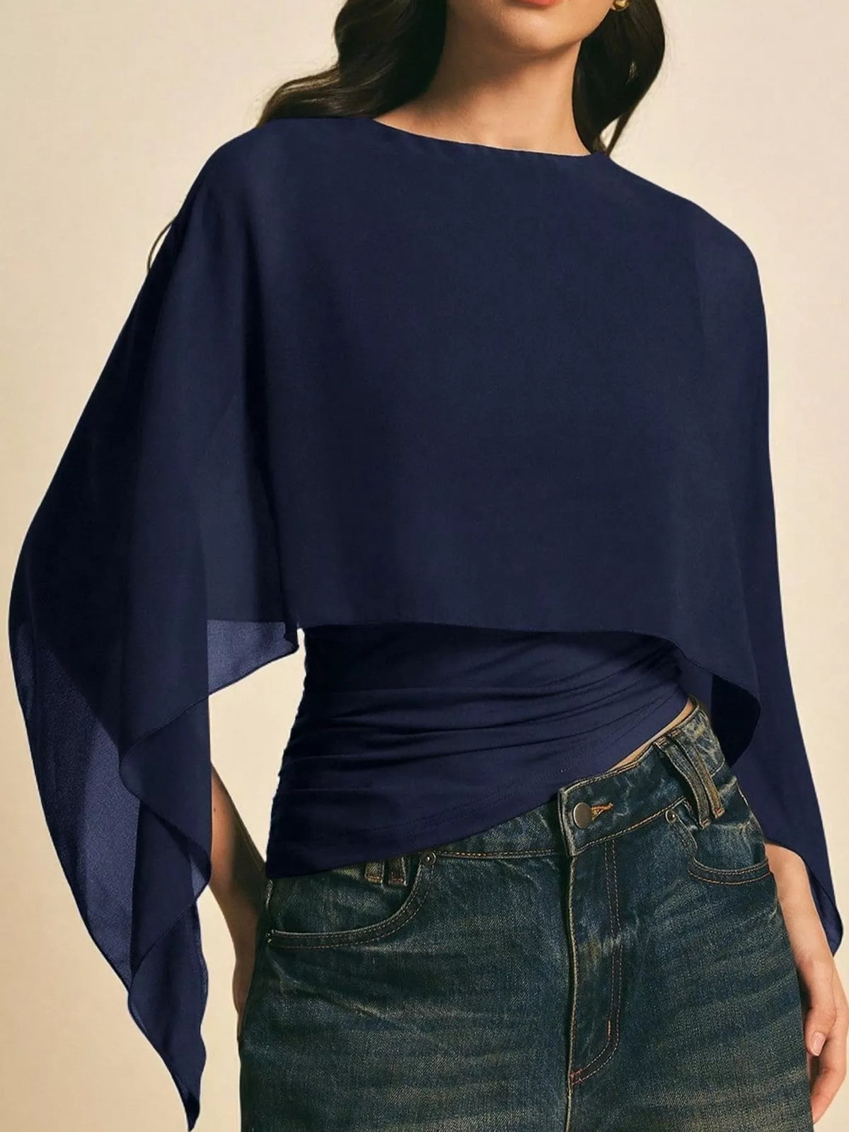 Navy cape sleeve round neck blouse