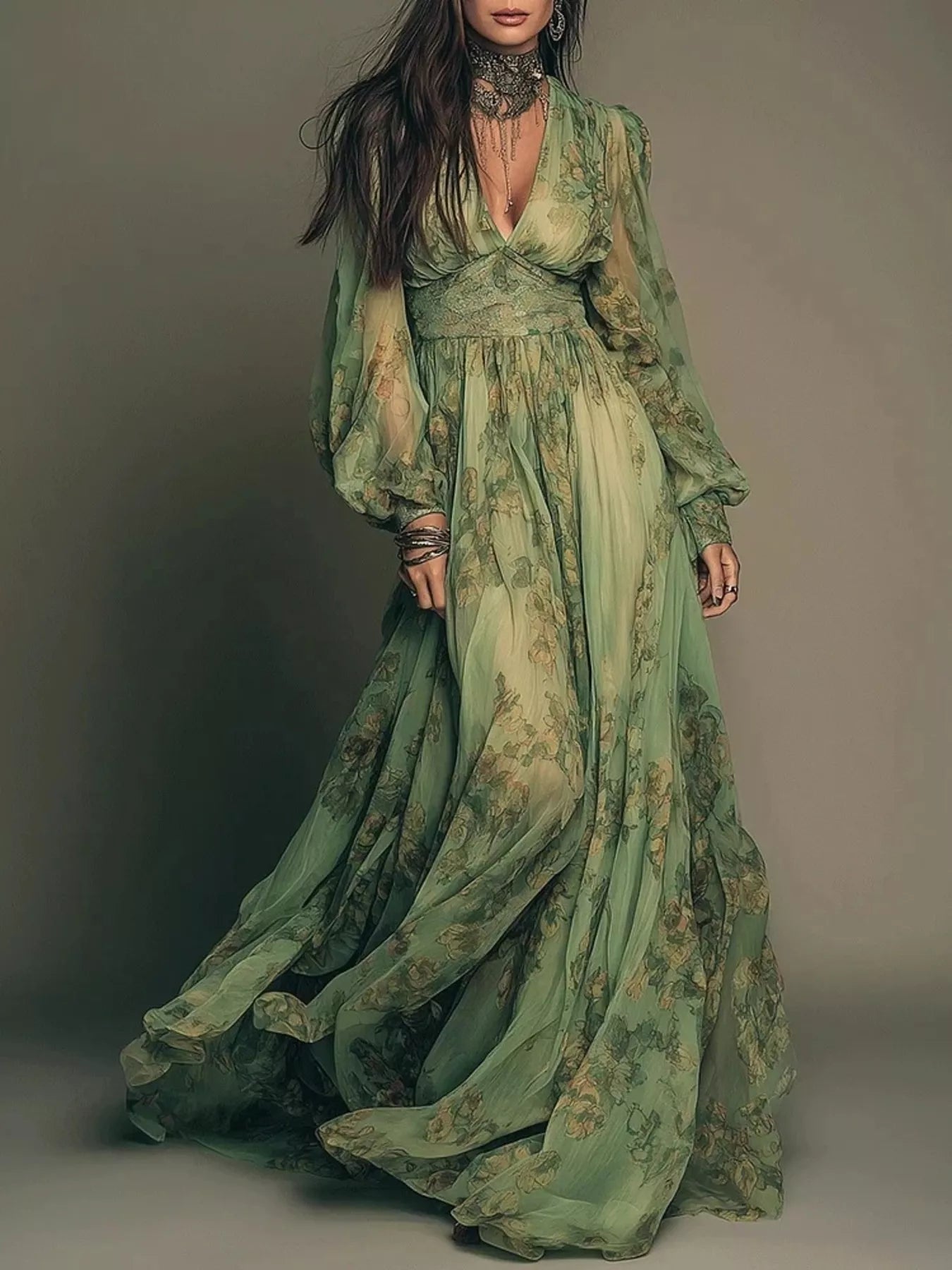 Trendsi Floral Print V-Neck Maxi Dress -