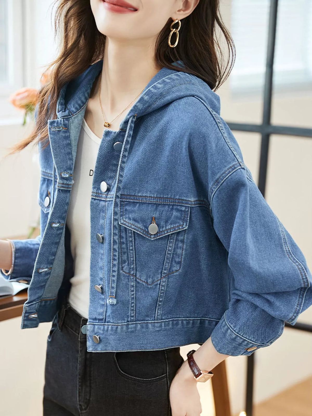 Hooded Cropped Denim Jacket in blue