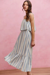 Trendsi SO ME Stripe Tiered Shoulder Tie Midi Lined Dress -