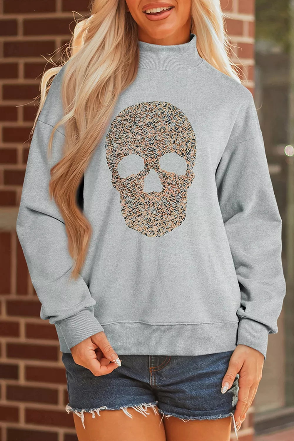 Trendsi Halloween Rhinestone Skull Graphic Mock Neck Baggy Pullover Sweatshirt -