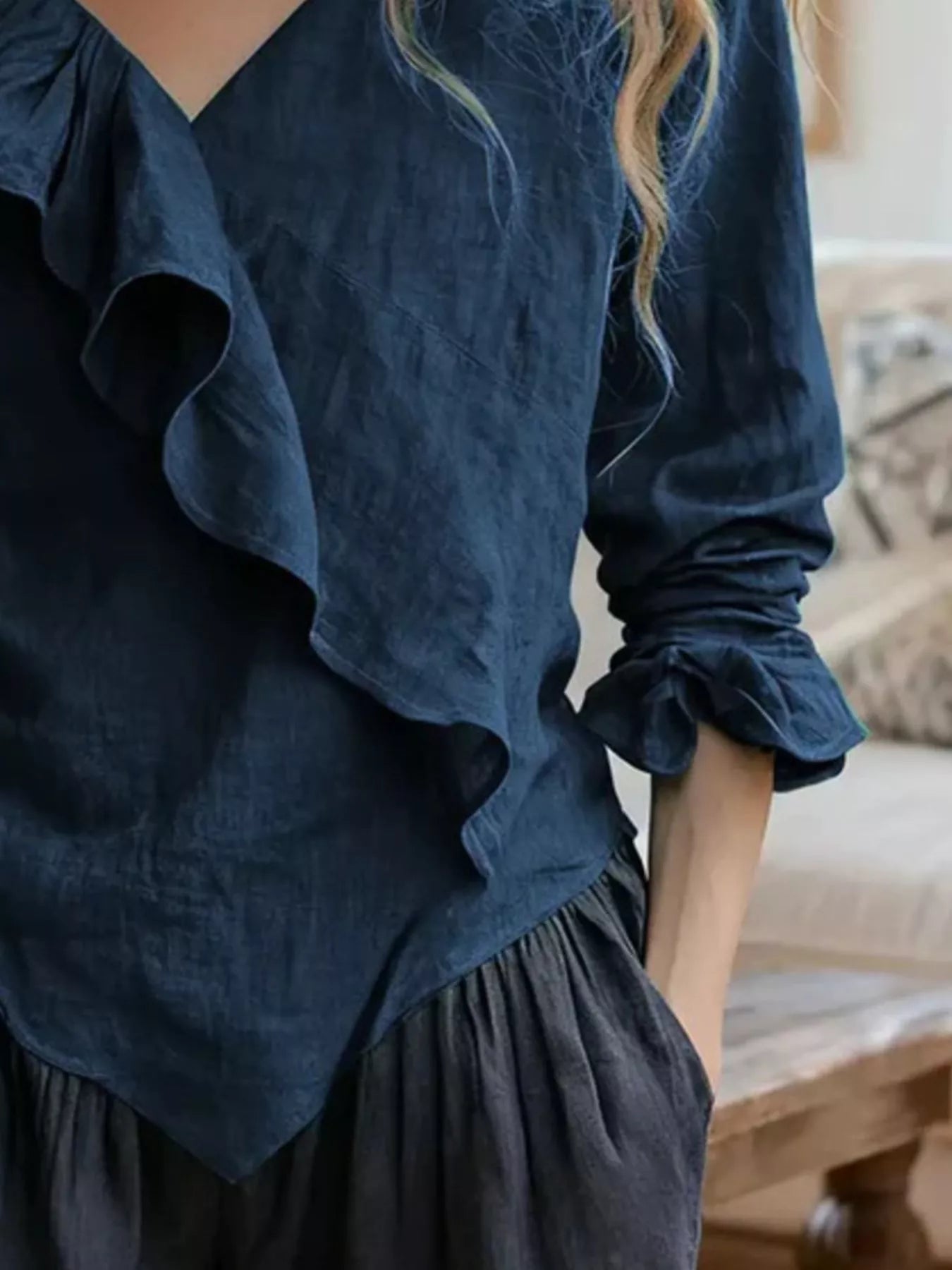 Trendsi V-Neck Ruffled Long Sleeve Blouse -