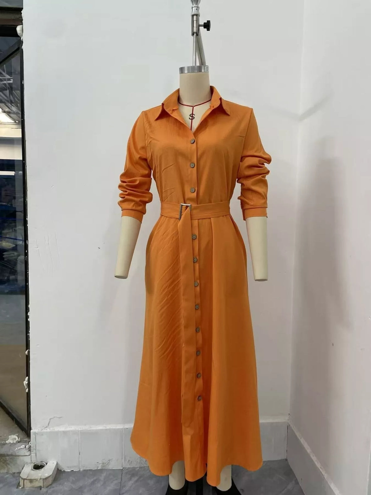 Button-Down Midi Shirt Dress with Pockets, front view