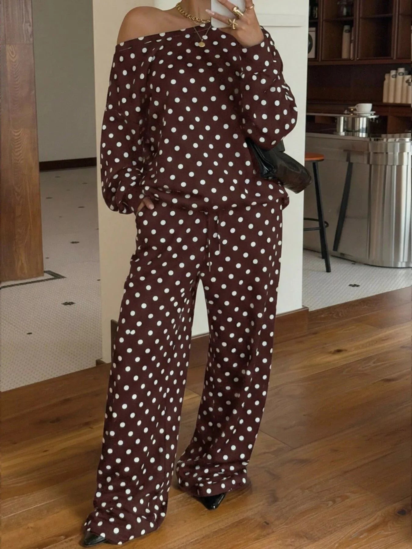 Women's polka dot boat neck top and pants set