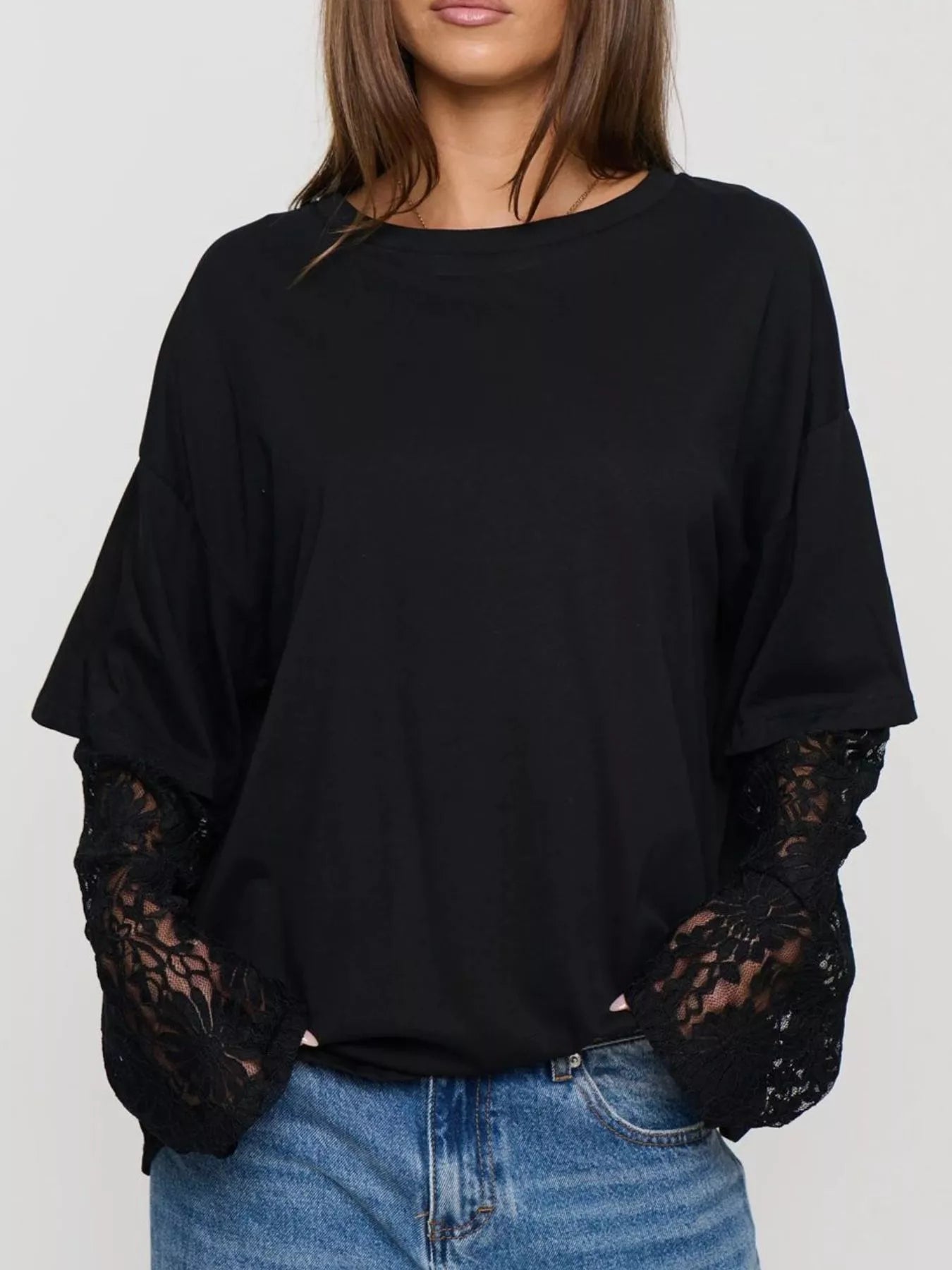 Trendsi Layered Lace-Sleeve T-Shirt -