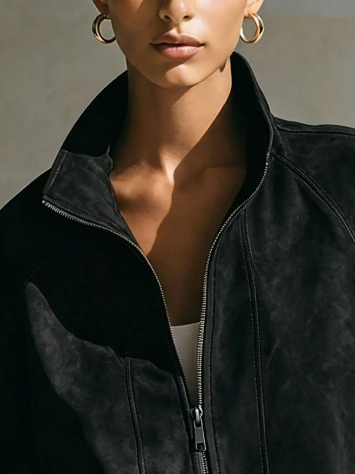 Faux Suede Zip-Up Stand Collar Cropped Jacket, collar detail