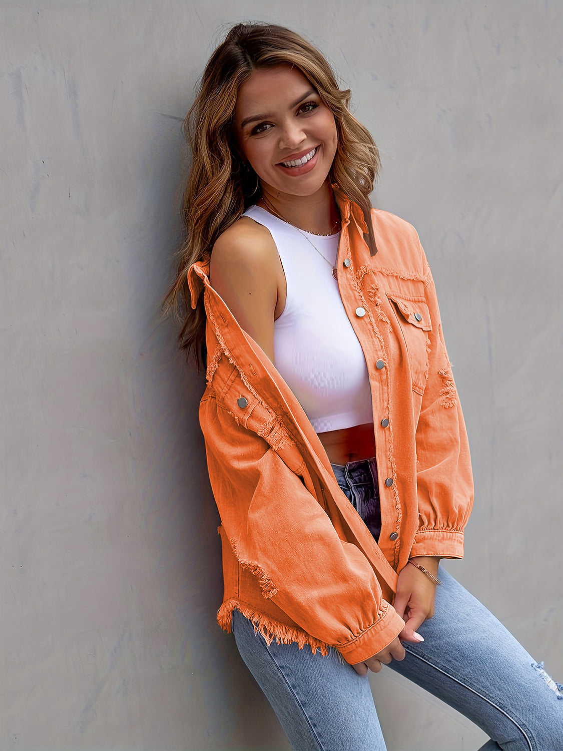 Trendsi Distressed Drop Shoulder Denim Jacket -