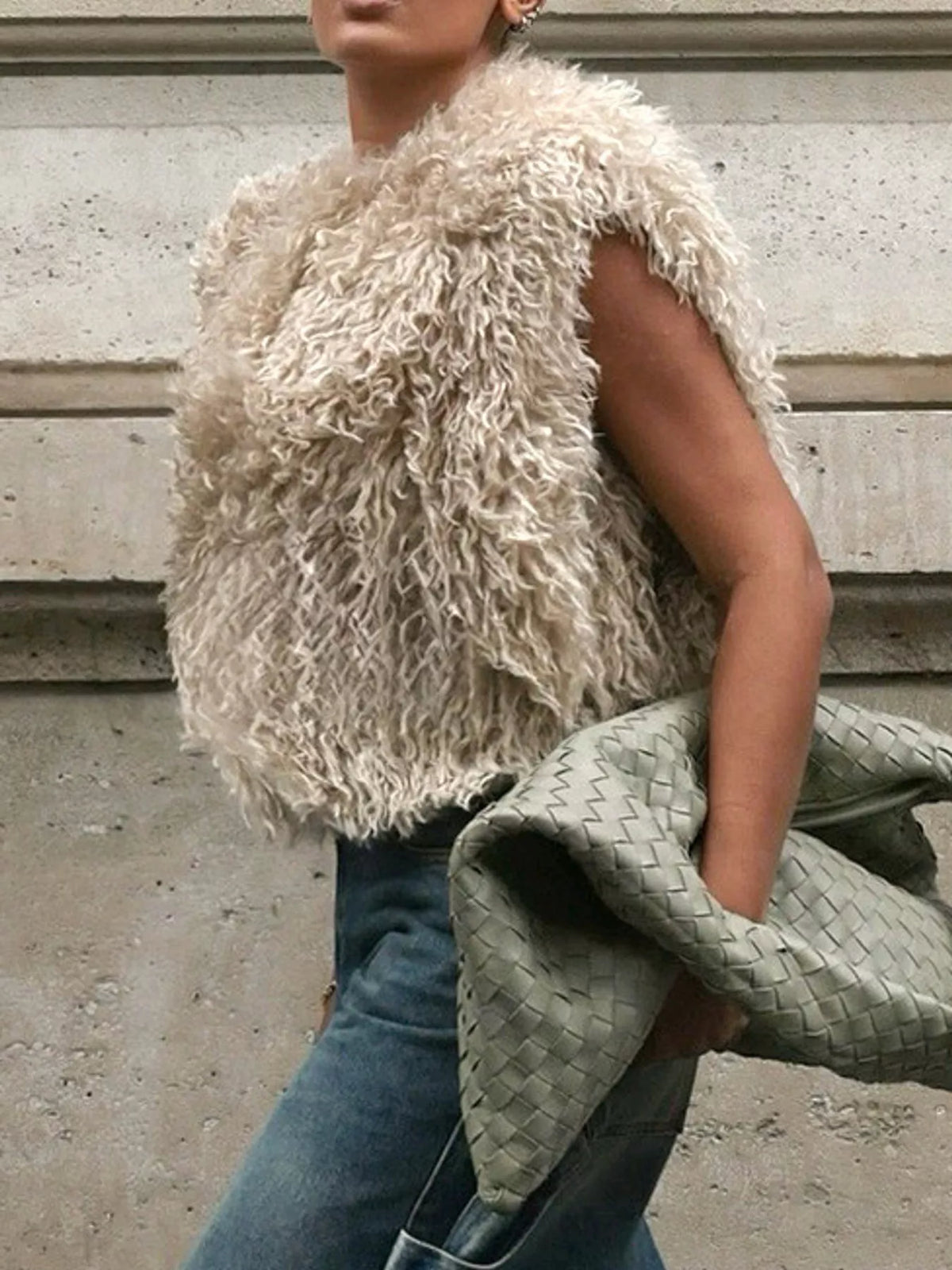 Faux Fur Open Front Vest Coat in beige