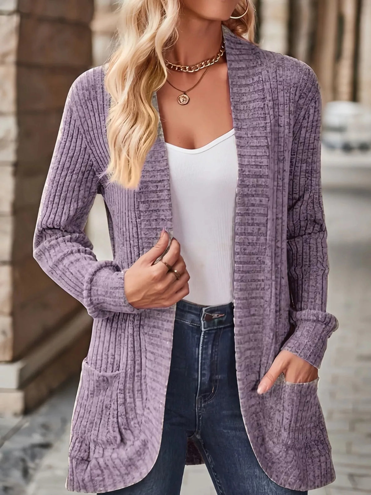 Ribbed Knit Open Front Cardigan with Pockets — front view