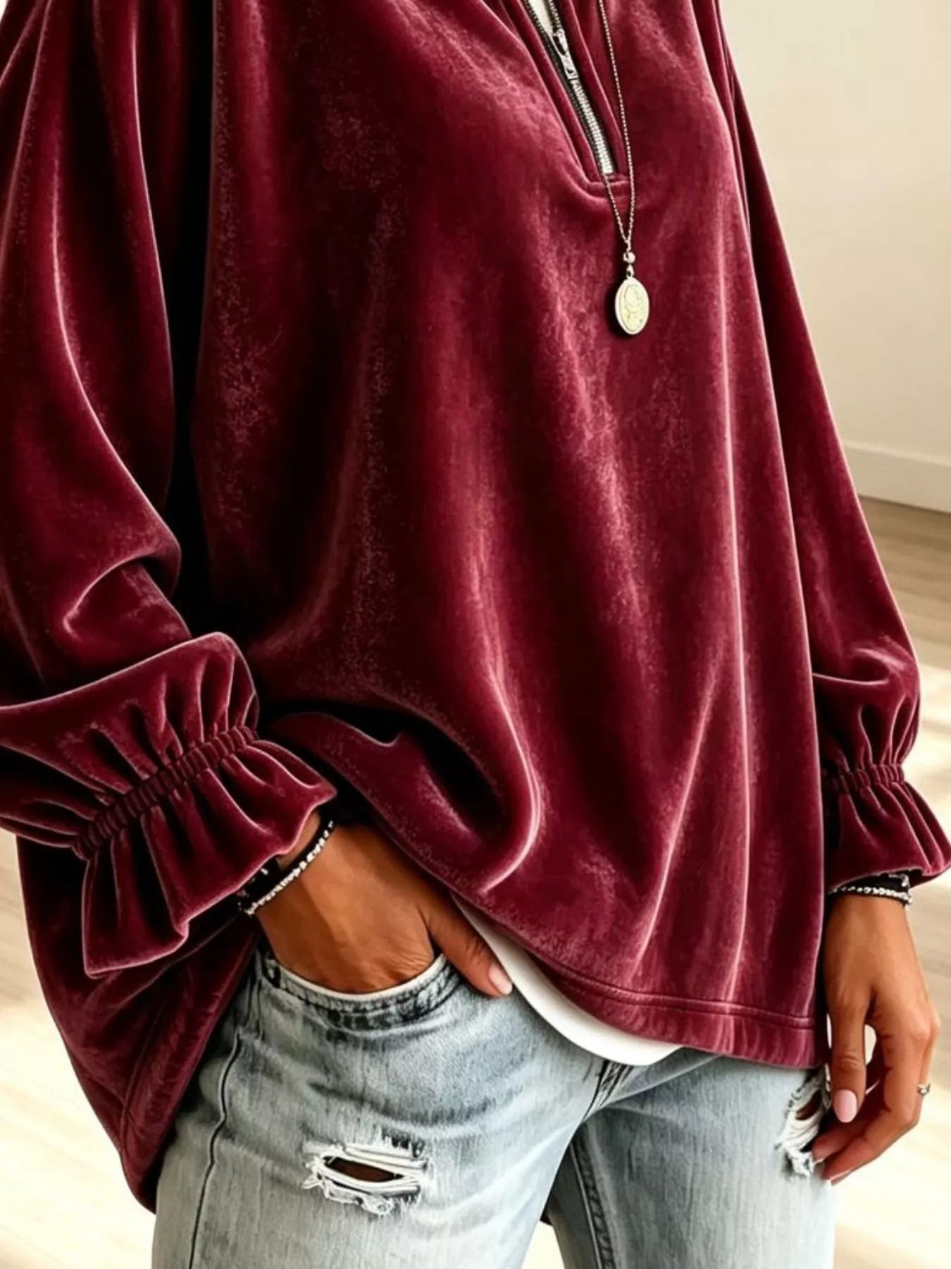 Trendsi Velvet Quarter-Zip Sweatshirt with Ruffled Cuffs -