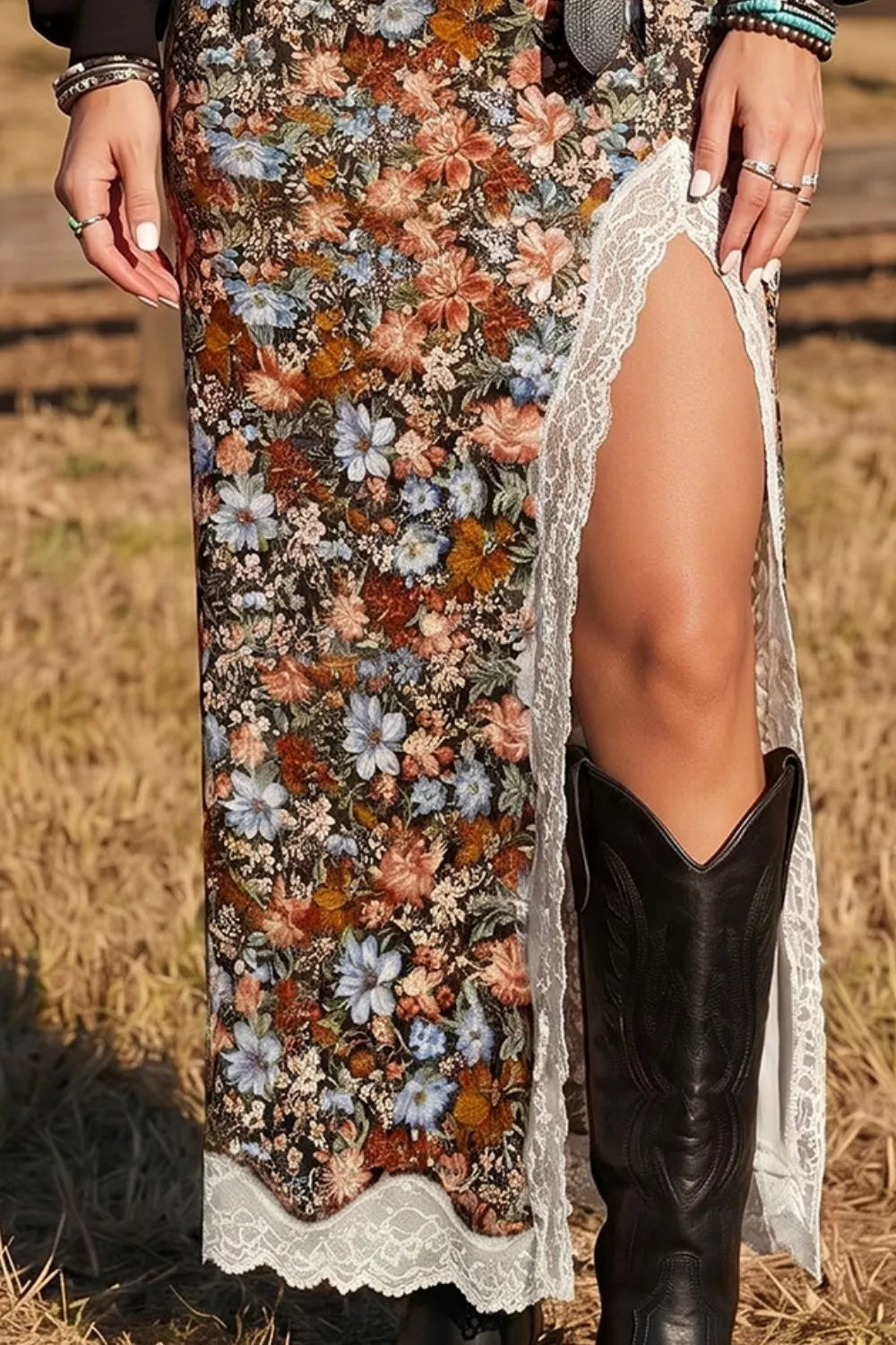 Trendsi Multicolour Cheetah Print Trim Split Long Western Skirt -