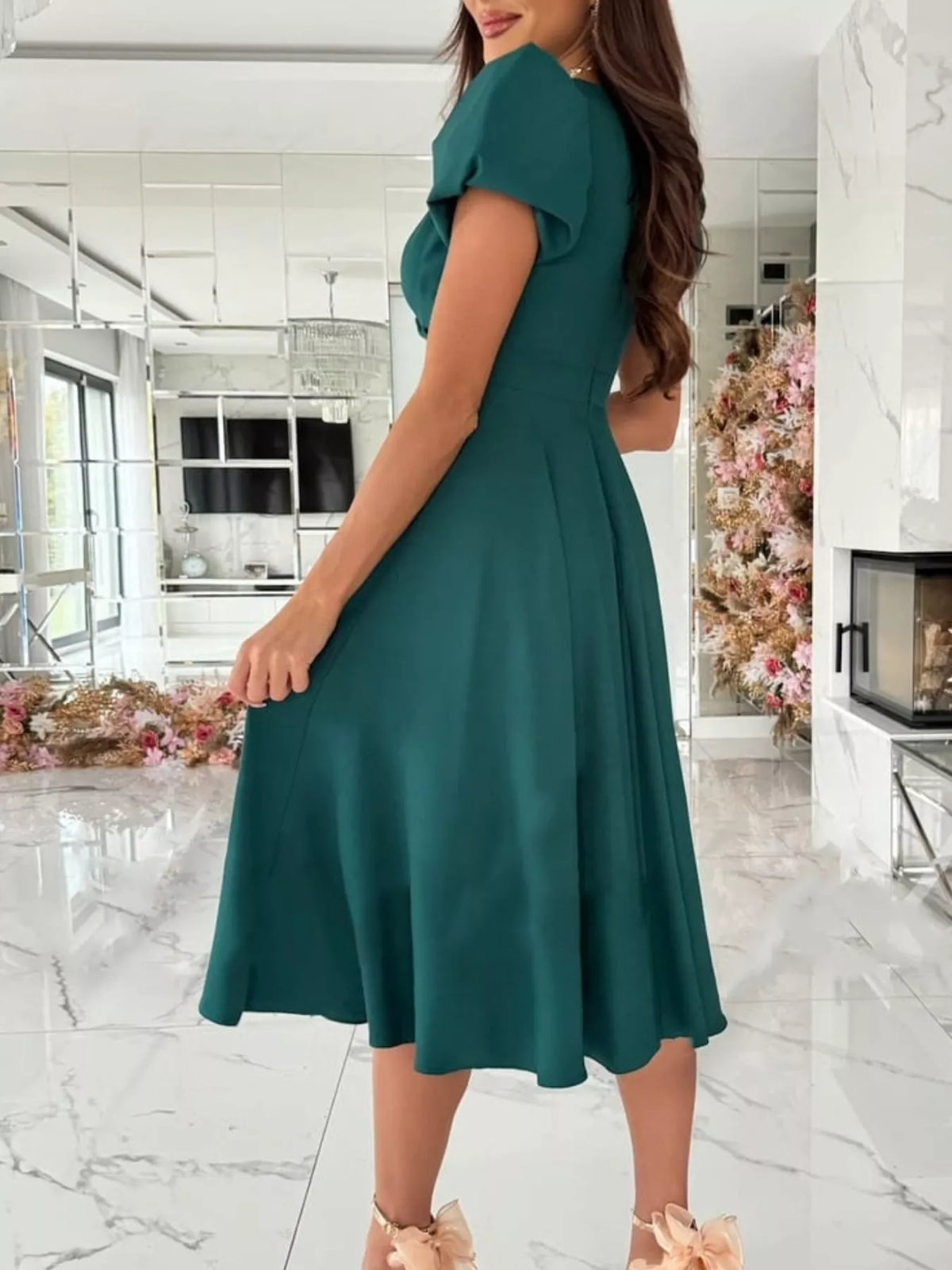 Trendsi Surplice Puff Sleeve Midi Dress -