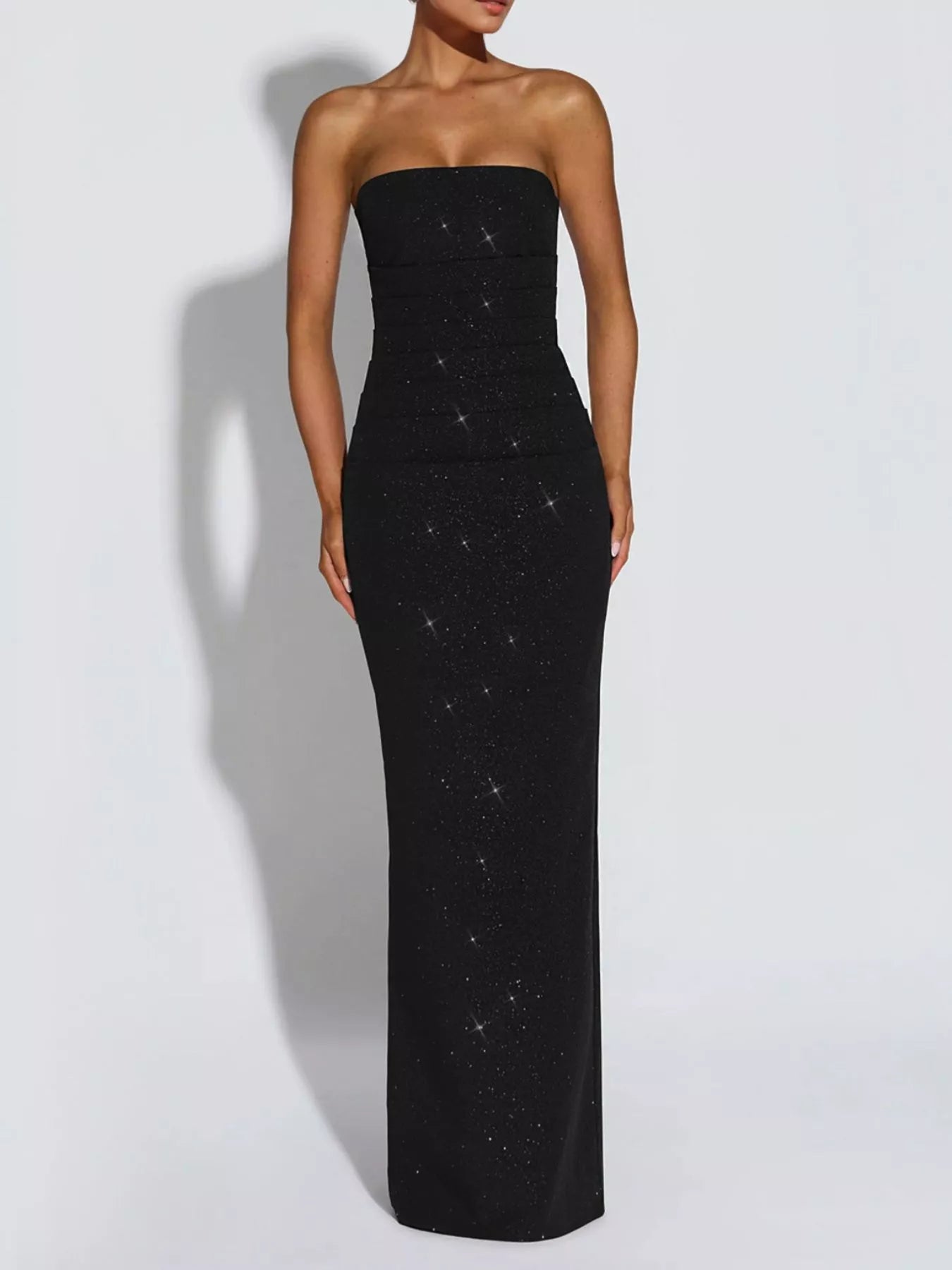 Trendsi Slit Glitter Tube Maxi Dress with Scarf -