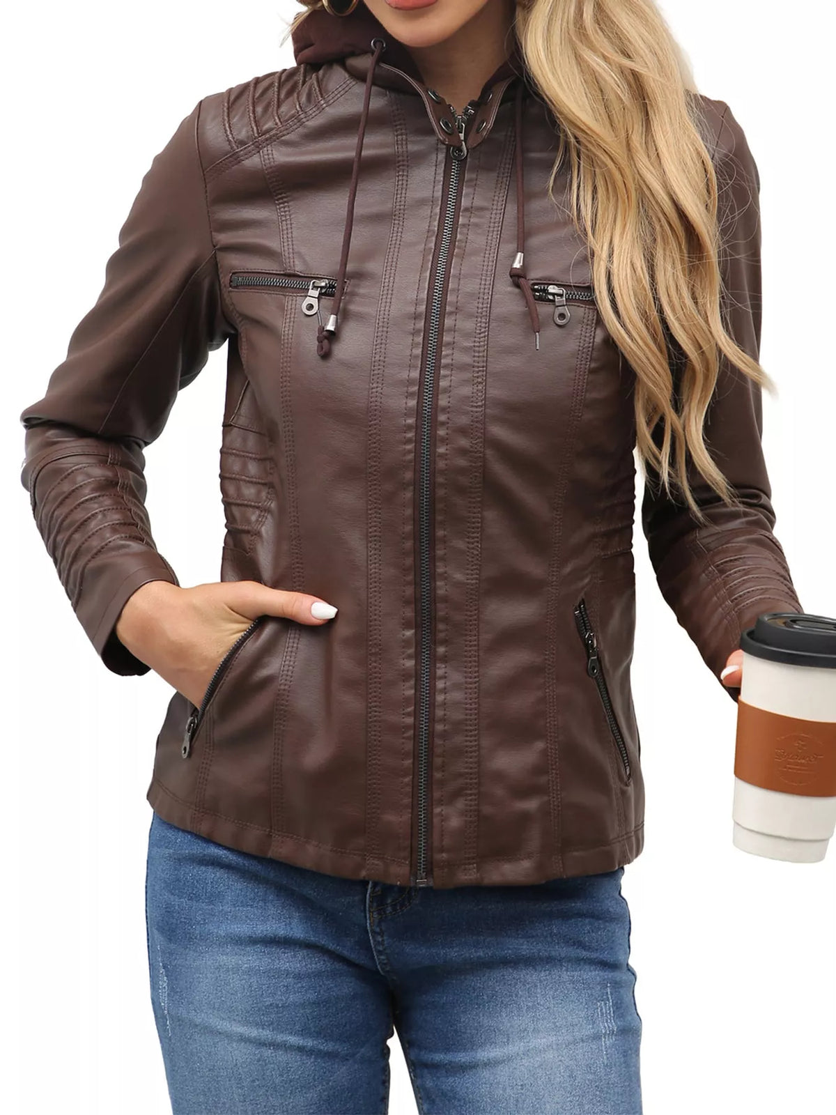 Hooded faux-leather jacket, brown zipped front
