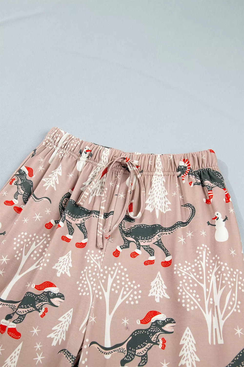 Christmas Dinosaur Print Lounge Top and Pants Set, elastic waistband detail