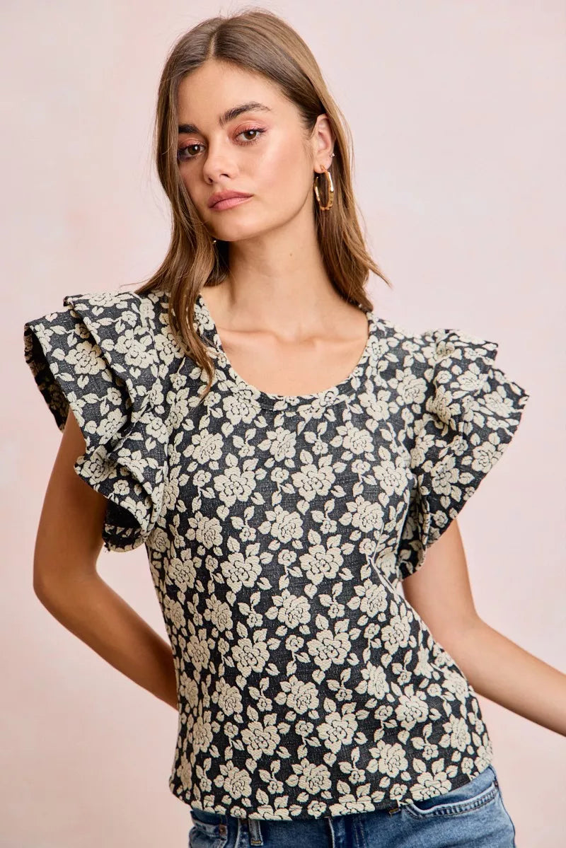 Women's floral jacquard knit top with ruffle sleeves - product view 6