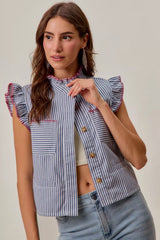 Trendsi SO ME Stripe Twill Stitch Ruffled Hidden Button Vest Top -