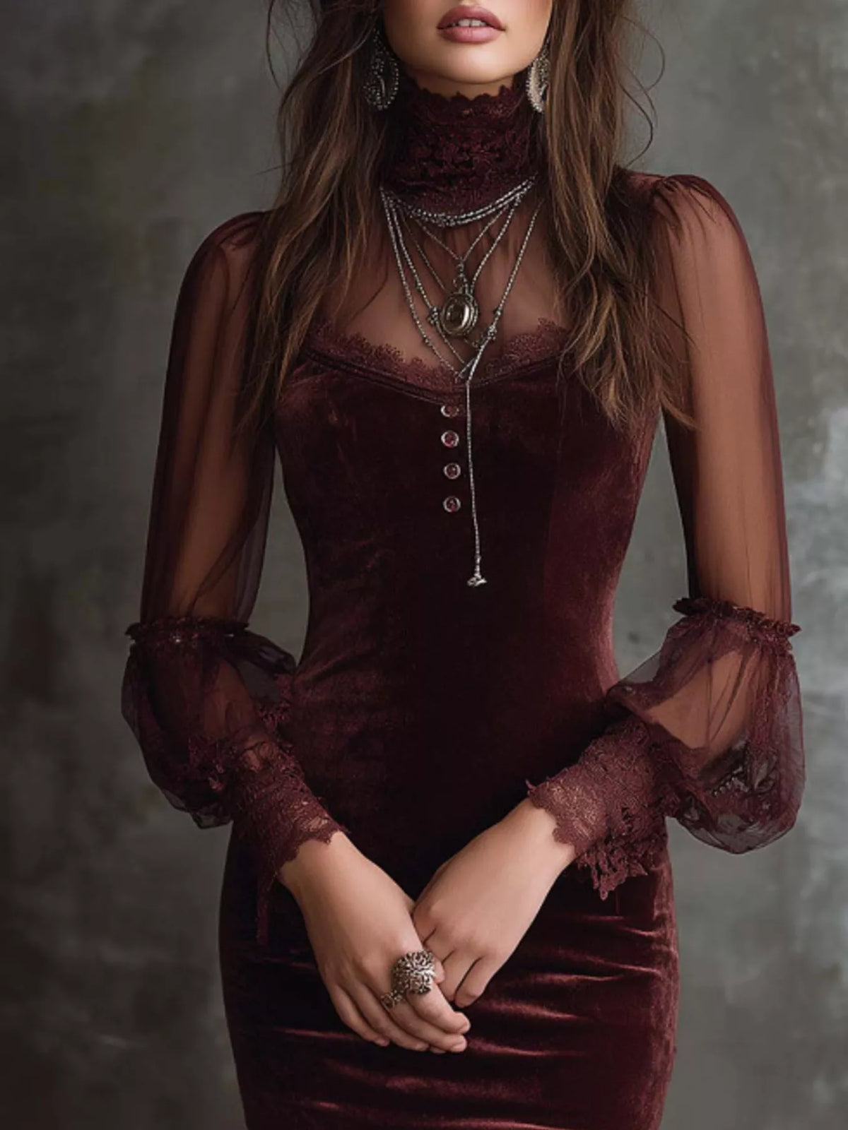 Trendsi Full Size Velvet Sheer Long Sleeve Bodycon Dress Plus Size -