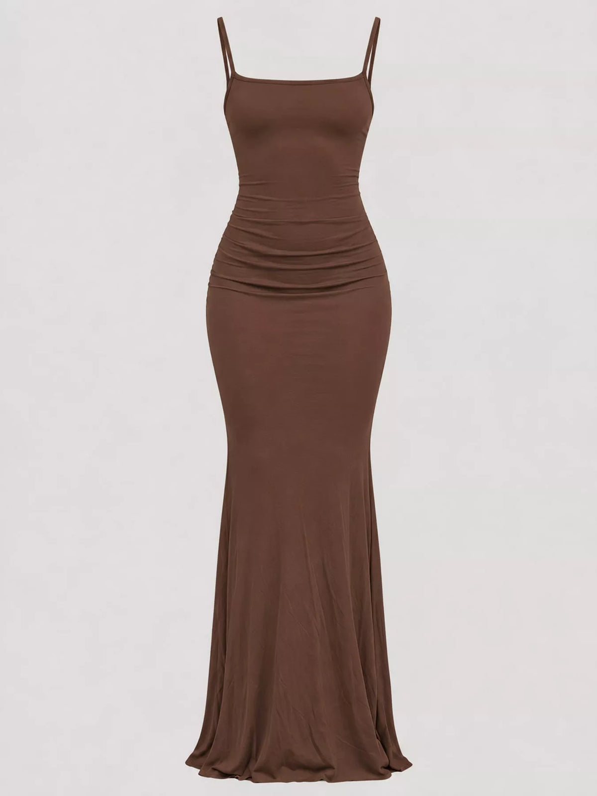 Brown bodycon spaghetti strap maxi dress, front view