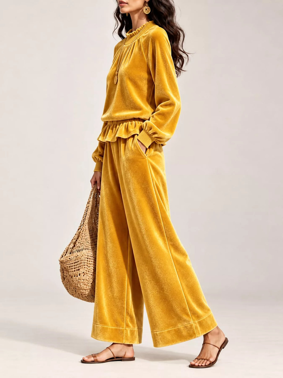 Yellow velvet ruffled hem top and wide-leg pants set — side view