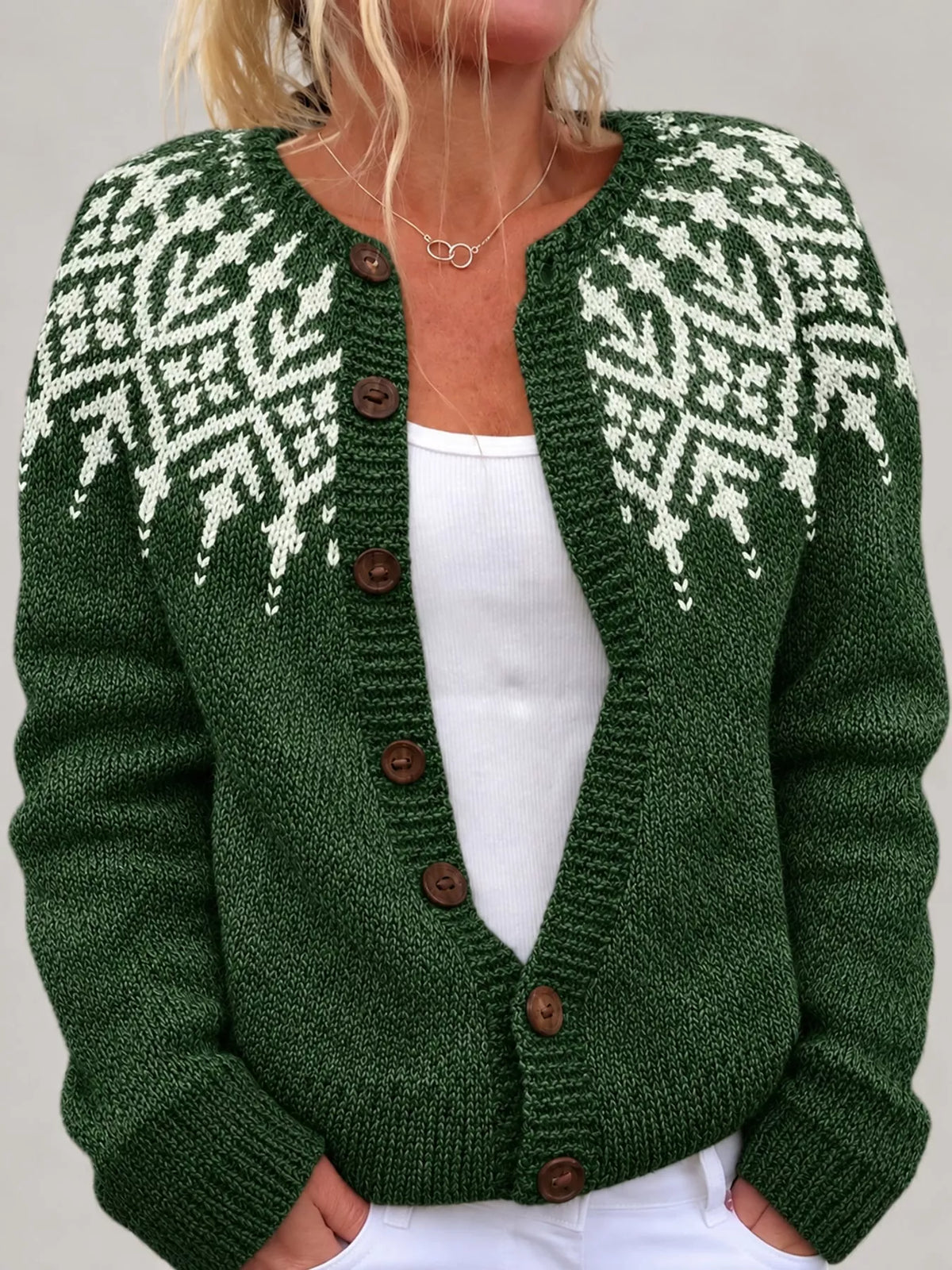 Pink-8722 patterned button-front knit cardigan