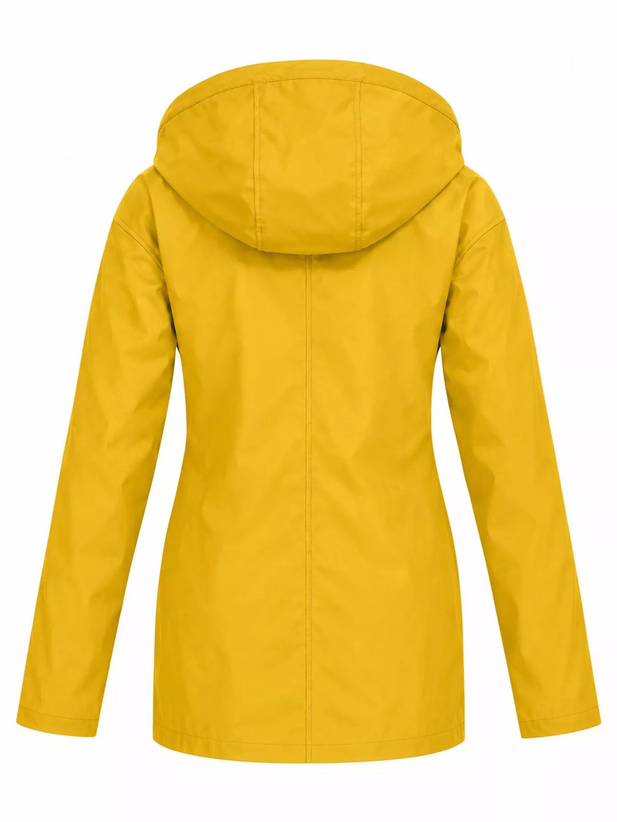 Yellow drawstring hooded jacket, back view
