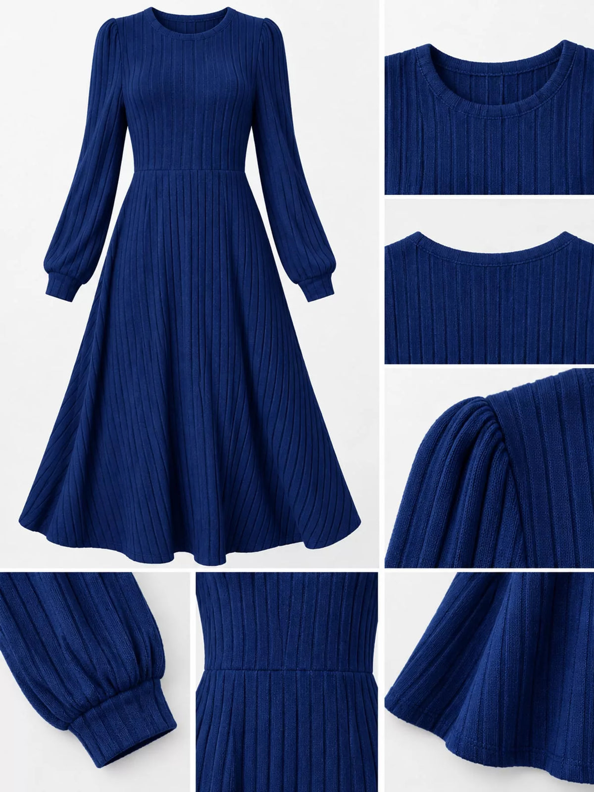 Women's Ribbed Knit Long Sleeve A-Line Midi Dress in blue — detail collage view